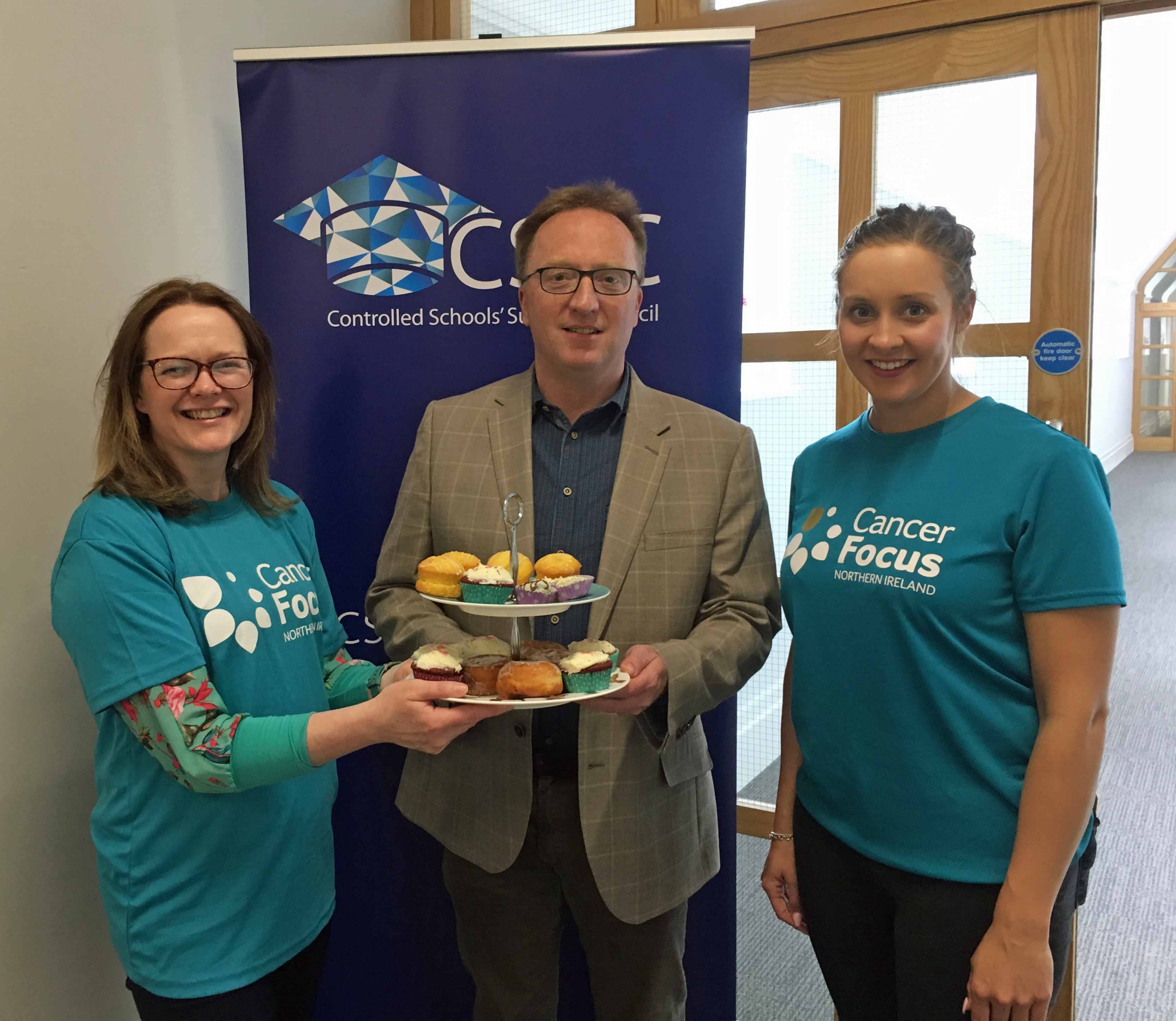 Sara McCracken (CSSC Head of Marketing, Research and Communications), Peter Hamill (CSSC Board Member) and Louise Greer (Corporate Fundraising Officer, Cancer Focus NI).