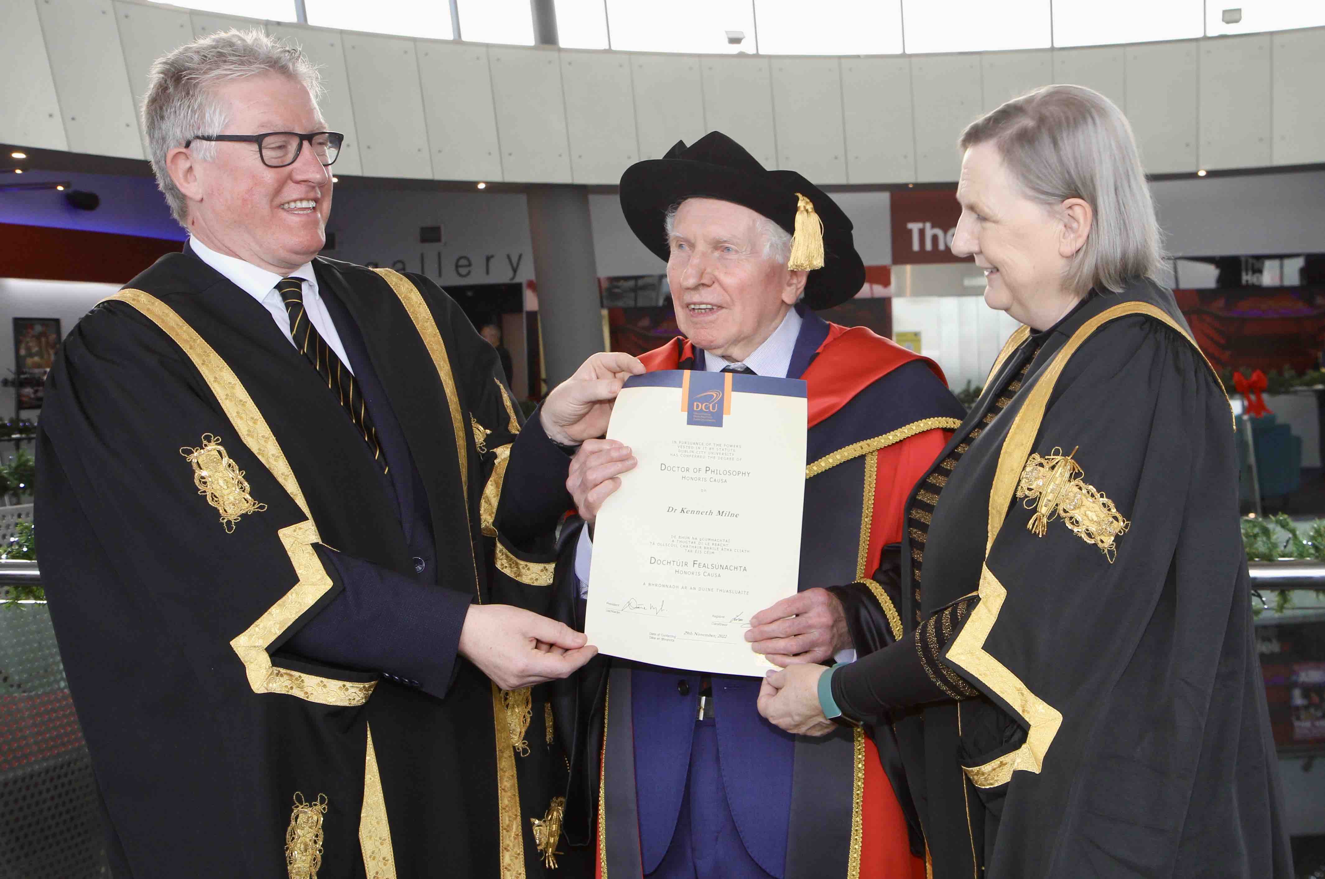 DCU President Prof Daire Keogh, Dr Kenneth Milne and DCU Chancellor Ms Brid Horan.