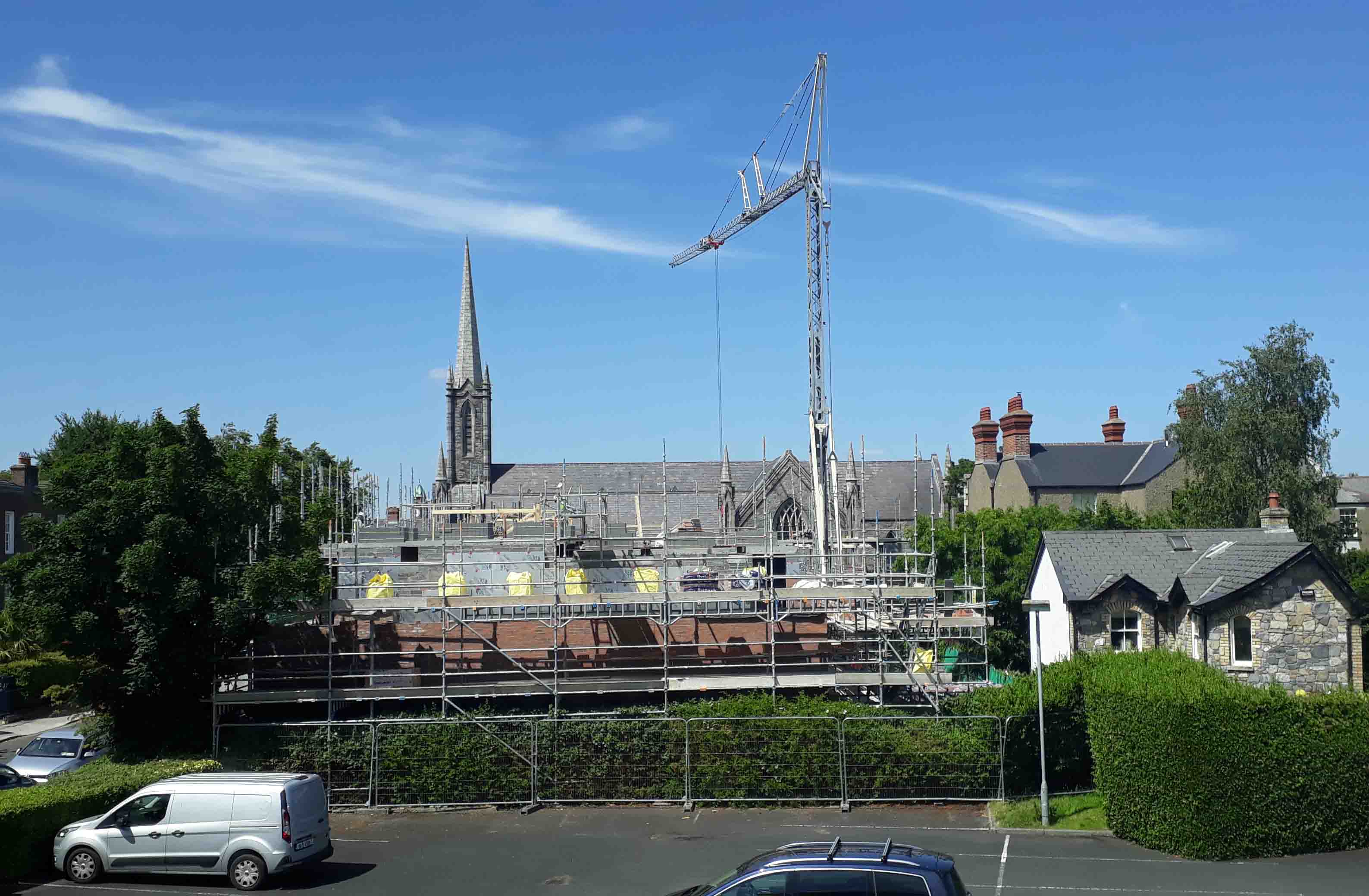 Building work continues on Rathmine's community hub, including housing units, as seen from Church House Dublin.