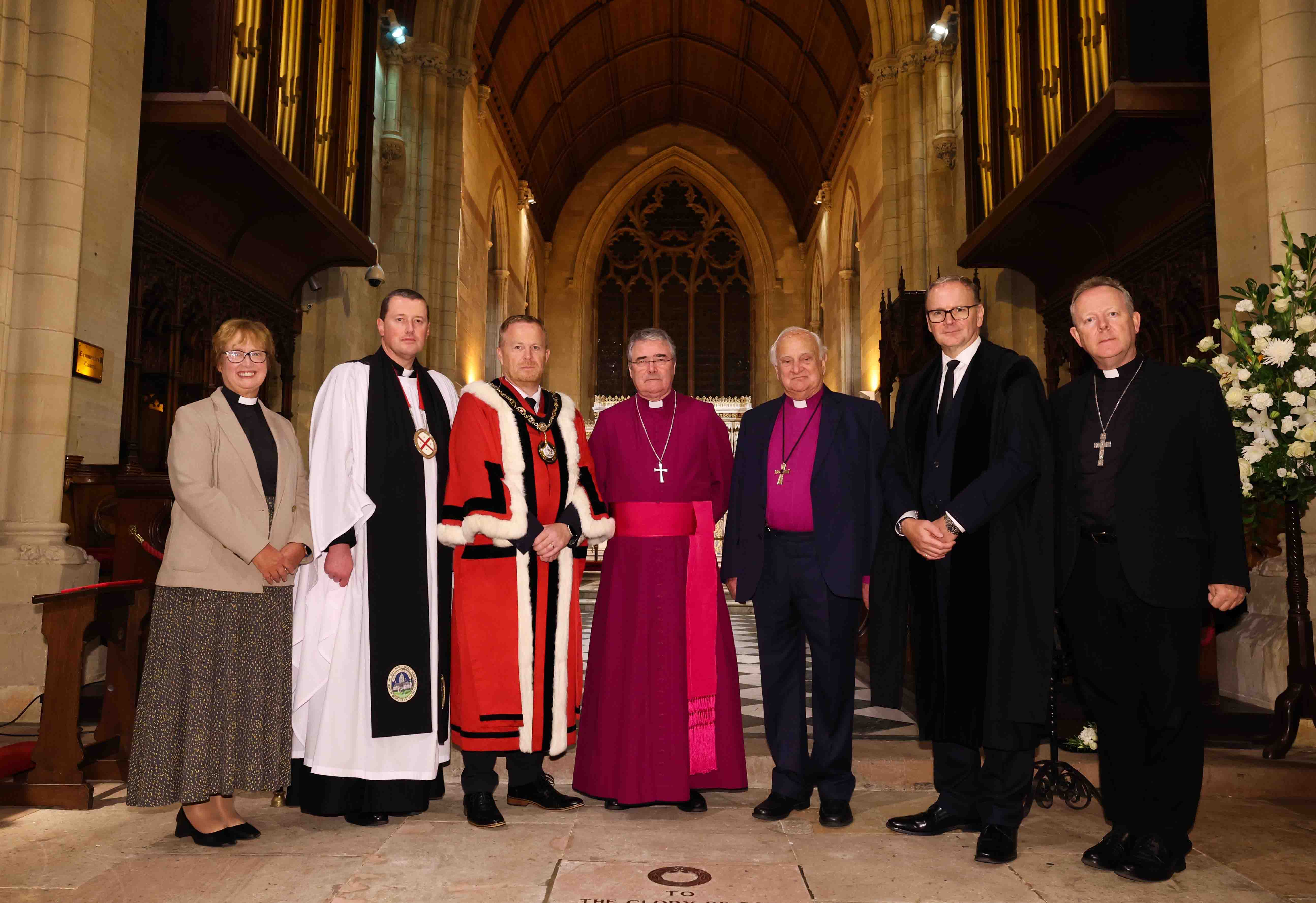 Dr Morris, Dean Shane Forster, Lord Mayor Paul Greenfield, Archbishop McDowell, Lord Eames, Roger Wilson (Chief Executive, Armagh, Banbridge and Craigavon Borough Council) and Archbishop Eamon Martin.