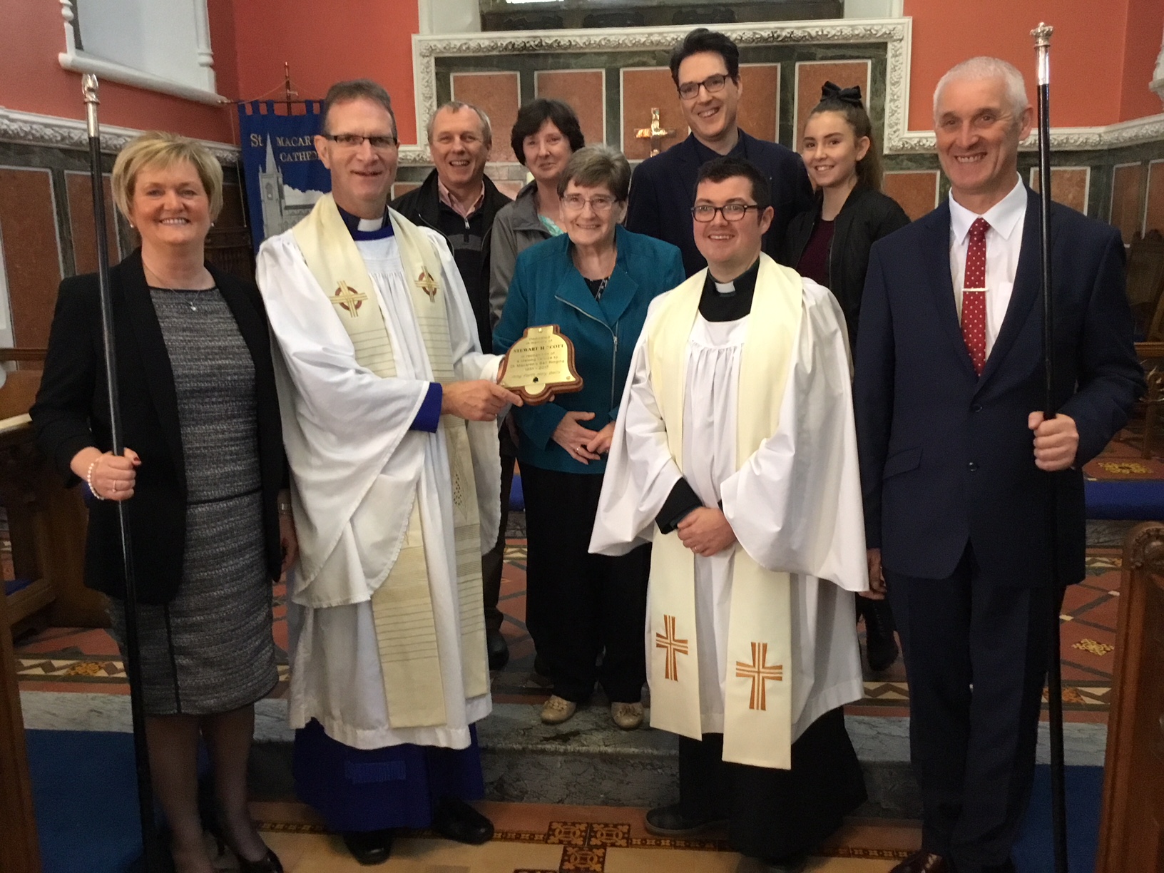 Pictured with the Dean is Stewart's widow Joyce; her daughter Barbara and husband Michael; her son Geoff and his daughter Clara. Also included are the curate, the Revd Chris MacBruithin, and Churchwardens, Sandra Richmond and Richard Cochrane.