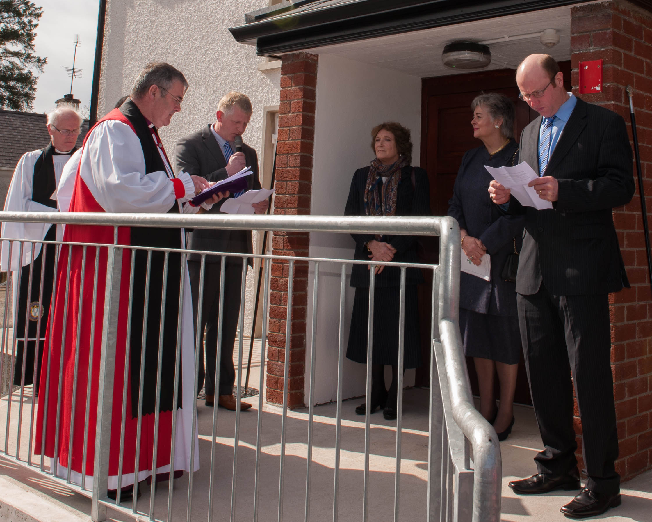 At the opening and dedication of 'The Grosvenor Wing' of the Reade Hall, are the Bishop of Clogher, the Right Revd John McDowell, Chancellor David Skuce, David Ferguson, churchwarden, Leonora, Countess of Lichfield, Lady Jane Dawnay and Colin Ferguson, churchwarden.