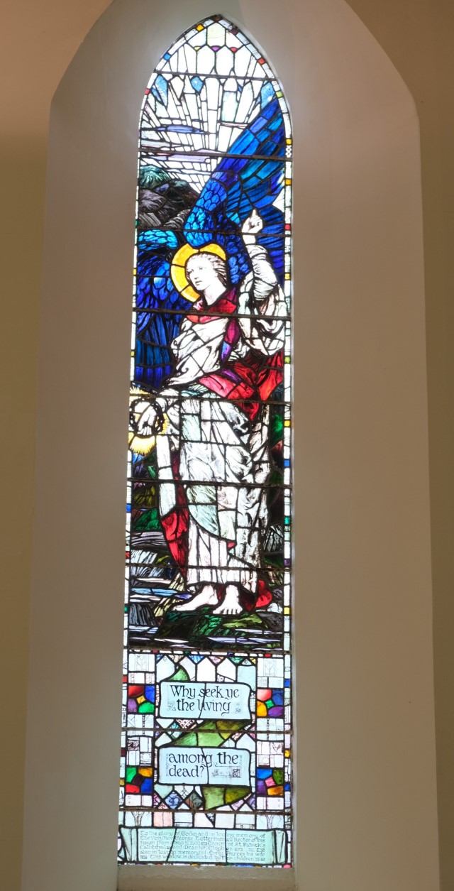 The Angel of Resurrection stained glass window in Inishmacsaint Parish Church.