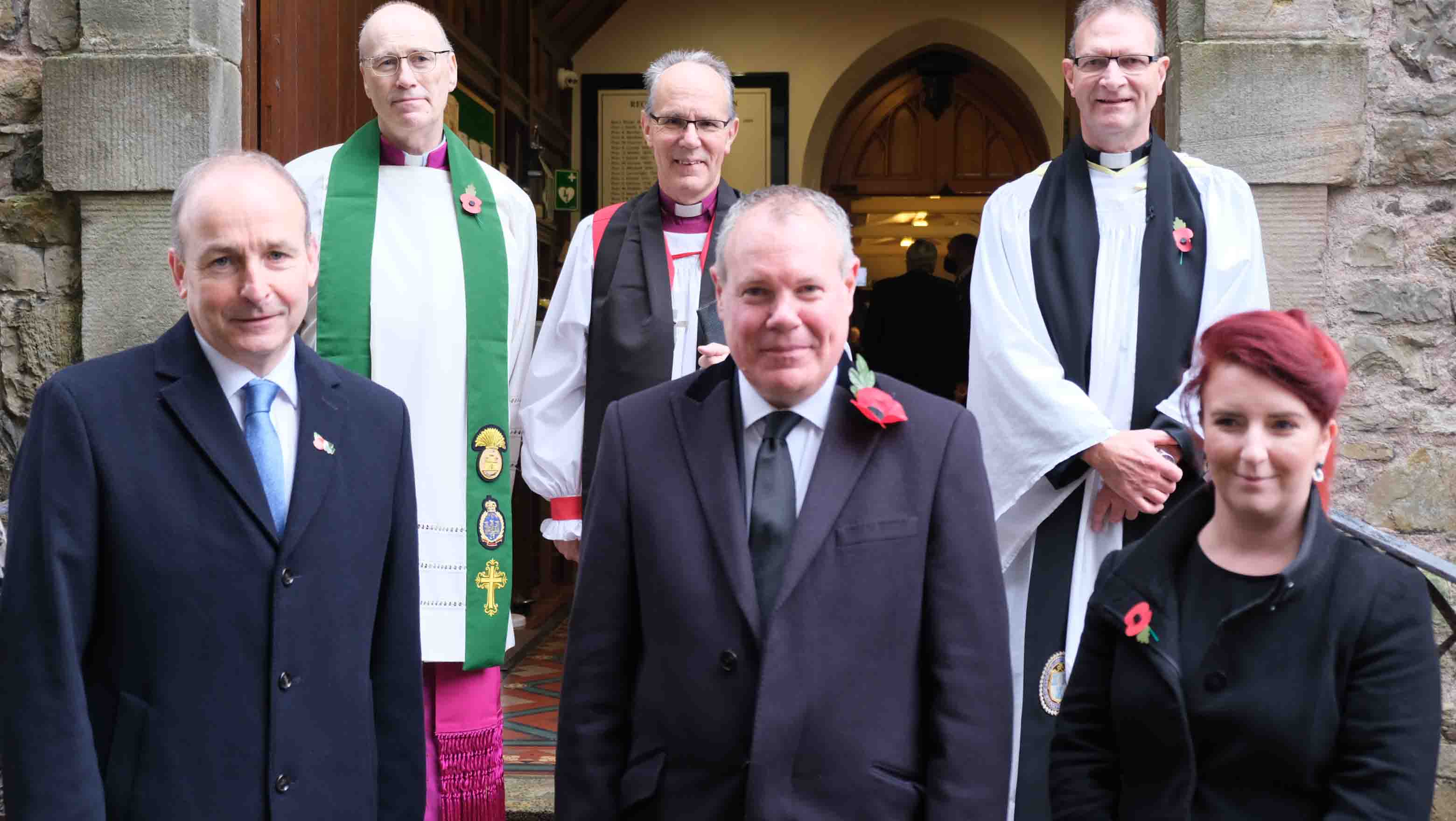 Attending the Remembrance Service were (front from left); Mr Micheál Martin TD, An Taoiseach; Mr Conor Burns MP, Minister of State; and Ms Louise Haigh MP, Shadow Secretary of State for Northern Ireland. Back row (from left): Monsignor Peter O'Reilly, the Bishop of Clogher, the Right Revd Dr Ian Ellis; and Dean Kenneth Hall.