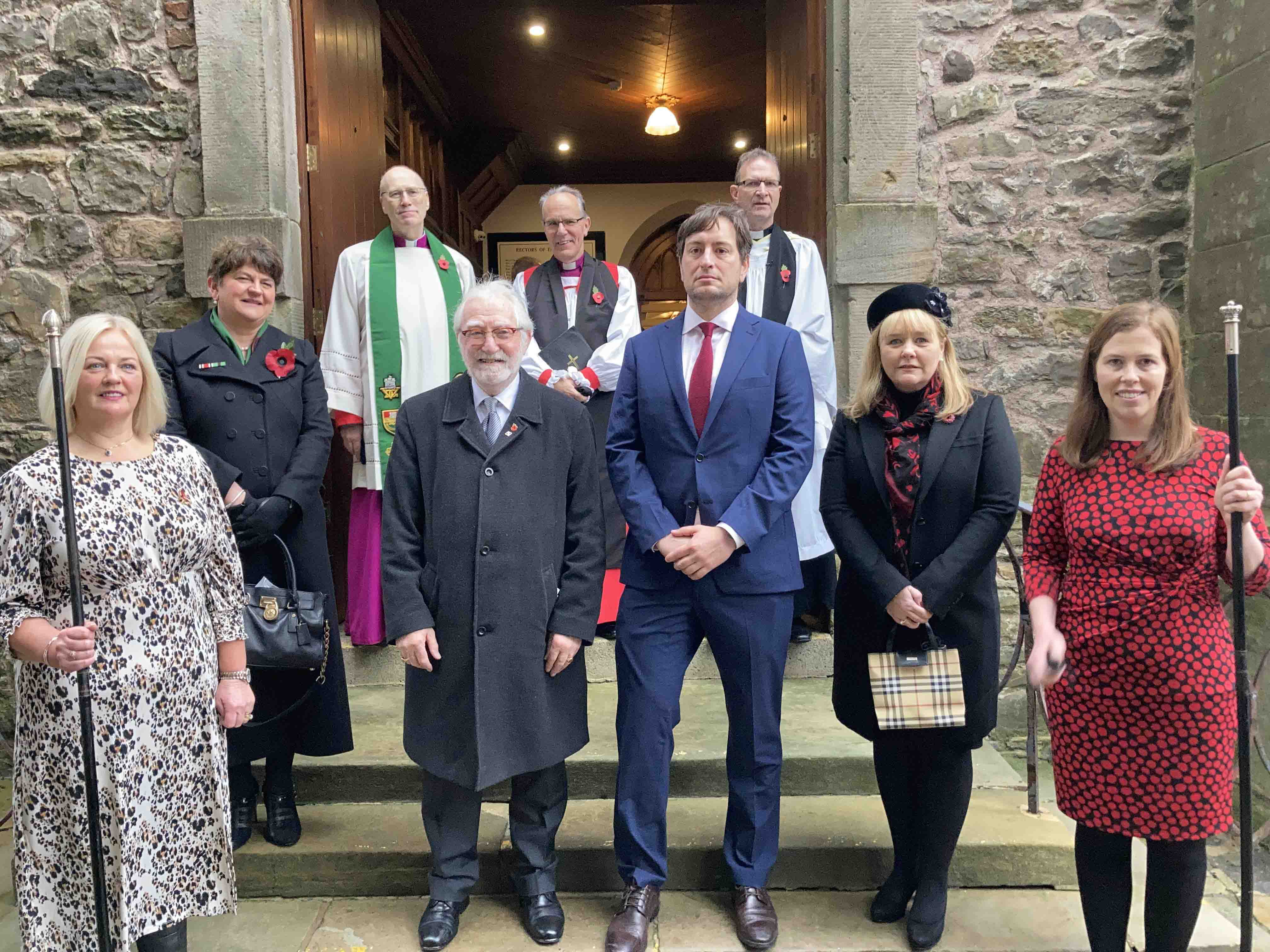 Front from left: Mrs Audrey Williamson, Churchwarden; Mrs Arlene Foster, former First Minister; Mr Jerome Mullen, Honorary Consul, Poland; Mr Chris Rendo, US Consulate General representative; Ms Michele McIlveen MLA, Minister of Education; and Mrs Linda Kingston. Back row from left; Monsignor Peter O'Reilly, St Michael's Roman Catholic Church; Bishop Ian Ellis and Dean Kenneth Hall.