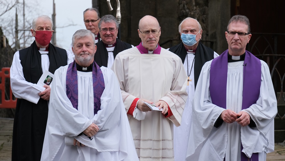 The clergy officiating at the funeral were (from left); Archbishop Michael Jackson, Archdeacon Brian Harper, Bishop Ian Ellis, Archbishop John McDowell, Monsignor Peter O'Reilly representing the Roman Catholic Bishop of Clogher and Dean Kenneth Hall, of St. Macartin's Cathedral.