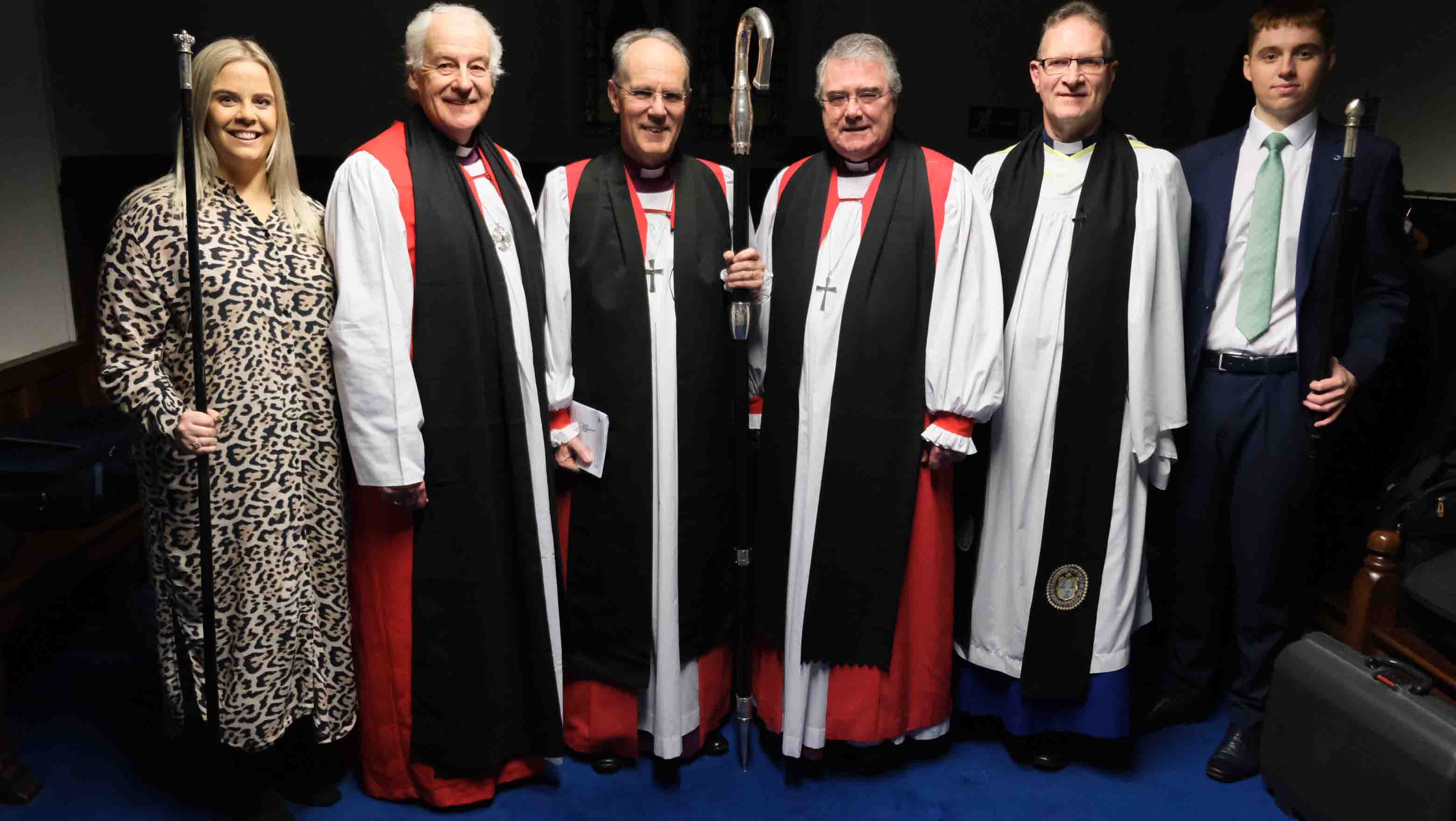 Churchwardens Alanna Williamson (left) and Nathan Clyde (right) with Archbishop Michael Jackson, Bishop Ian Ellis, Archbishop John McDowell and Dean Kenneth Hall, at the service to mark 400 years of worship in Enniskillen.