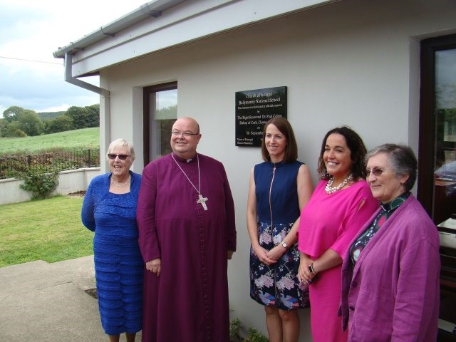 At the official opening of three extensions to Ballymoney National School by the Bishop of Cork were (left to right) Mrs Jean Buttimer, the Bishop, Shireen Rountree (Principal), Margaret Murphy–O'Mahony TD, and the Reverend Stella Jones.