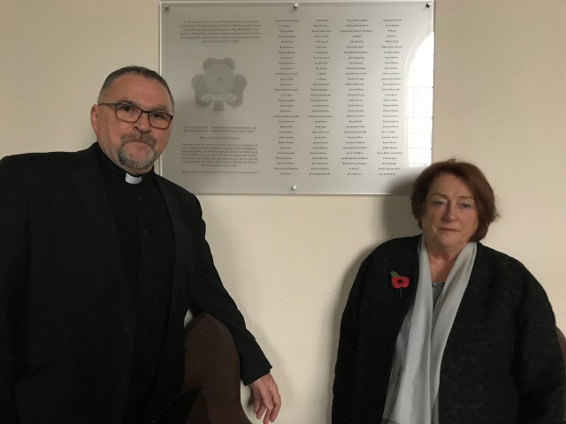 Canon Paul Willoughby with Angela Muckley, niece of Richard Barrett, pictured after the unveiling of the new First World War Memorial Plaque at St. Brendan's Church, Bantry.