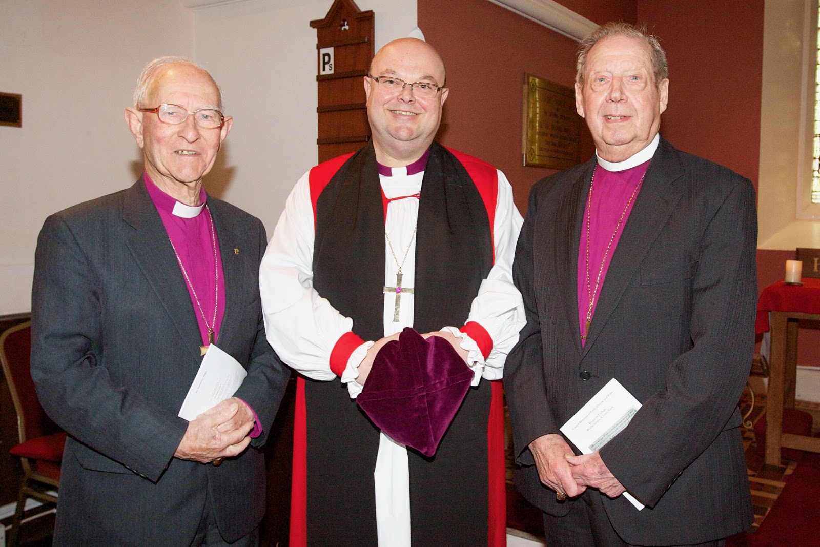 Episcopal succession: Bishop Roy Warke (left) with (centre) his successor Bishop Paul Colton, and his predecessor, Bishop Samuel Poyntz (right) at Kingston College, Mitchelstown, County Cork in 2011.