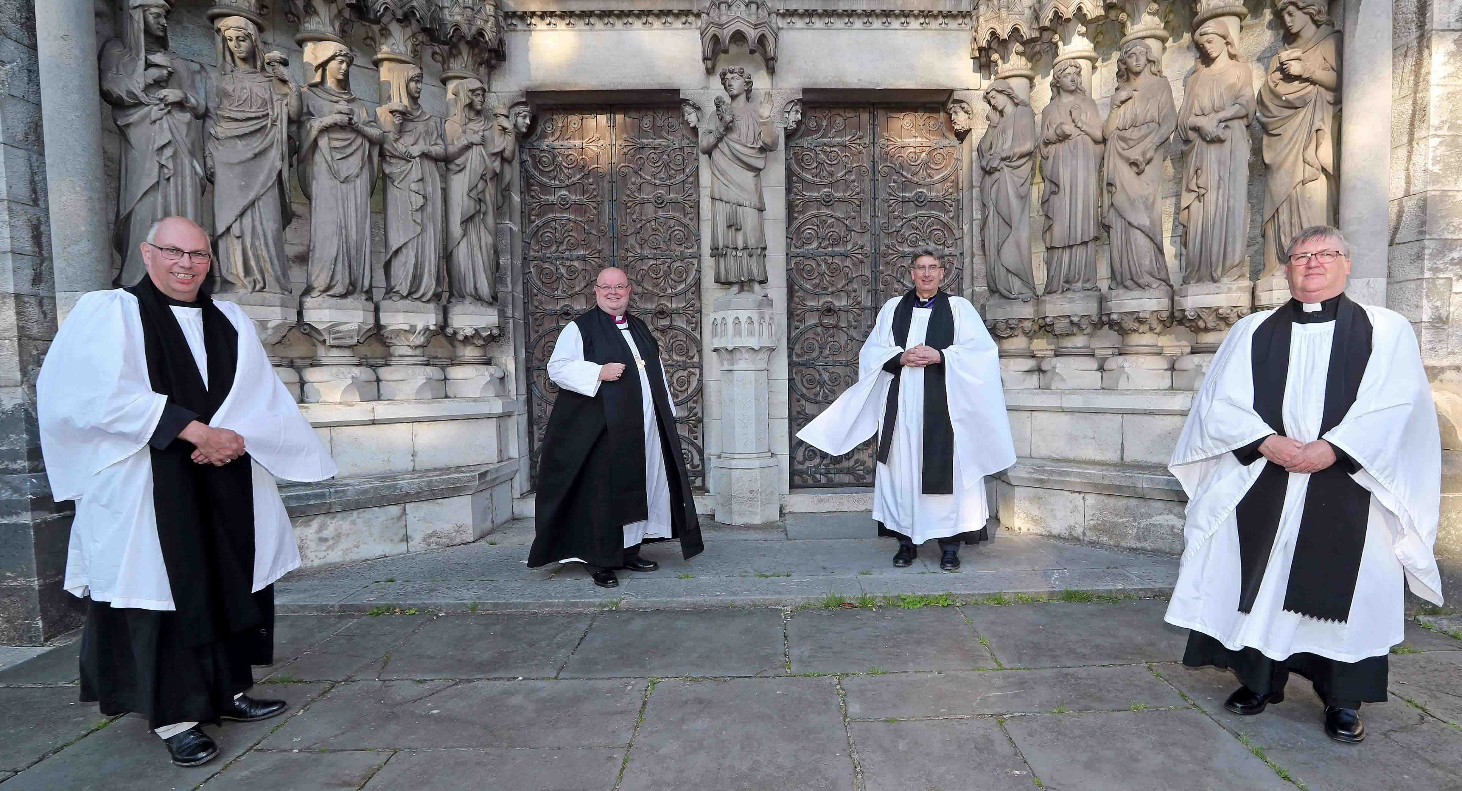The Bishop of Cork, Cloyne and Ross, the Right Reverend Dr Paul Colton (second from left), and the Very Reverend Nigel Dunne, Dean of Cork (third from left), with the Revd Canon Andrew Orr and the Revd Canon Denis MacCarthy, at the Cathedral Church of Saint Fin Barre, Cork, following Evening Prayer with the Installation of the Revd Canon Denis MacCarthy, as Prebendary of Kilbrittain and Holy Trinity and the Installation of The Revd Canon Andrew Orr, as Honorary Canon with Special Responsibility for the Fifth Mark of Mission. Picture: Jim Coughlan.