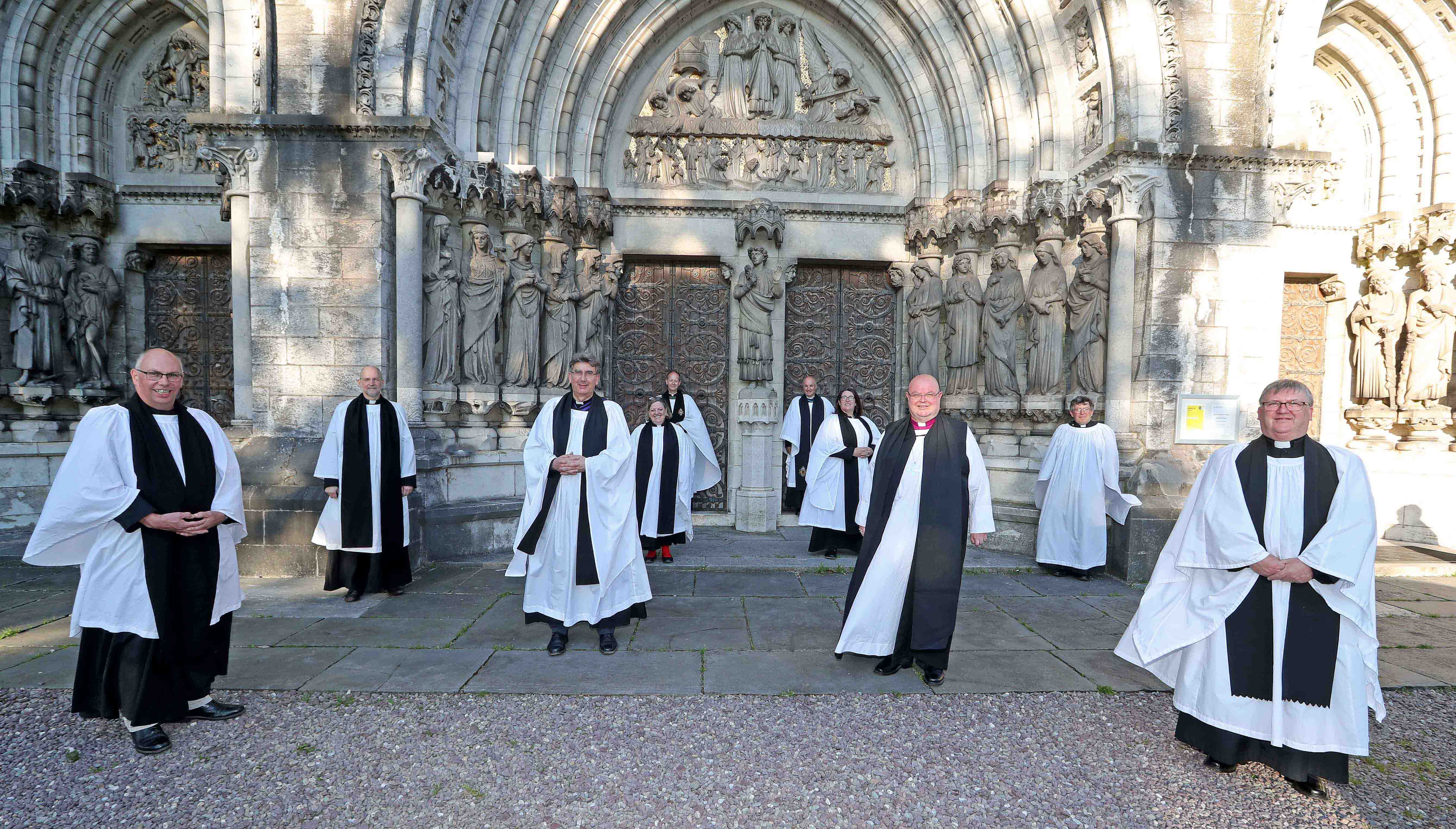 Pictured is the Very Reverend Nigel Dunne, Dean of Cork (third from left), the Bishop of Cork, Cloyne and Ross, the Right Reverend Paul Colton (third from right) with the Revd Canon Andrew Orr (front left) and the Revd Canon Denis MacCarthy (front right) and members of the Cathedral Chapter, following the Installation of the Revd Canon Denis MacCarthy, as Prebendary of Kilbrittain and Holy Trinity, and the Installation of the Revd Canon Andrew Orr, as Honorary Canon with Special Responsibility for the Fifth Mark of Mission, at the Cathedral Church of Saint Fin Barre, Cork. Picture: Jim Coughlan.