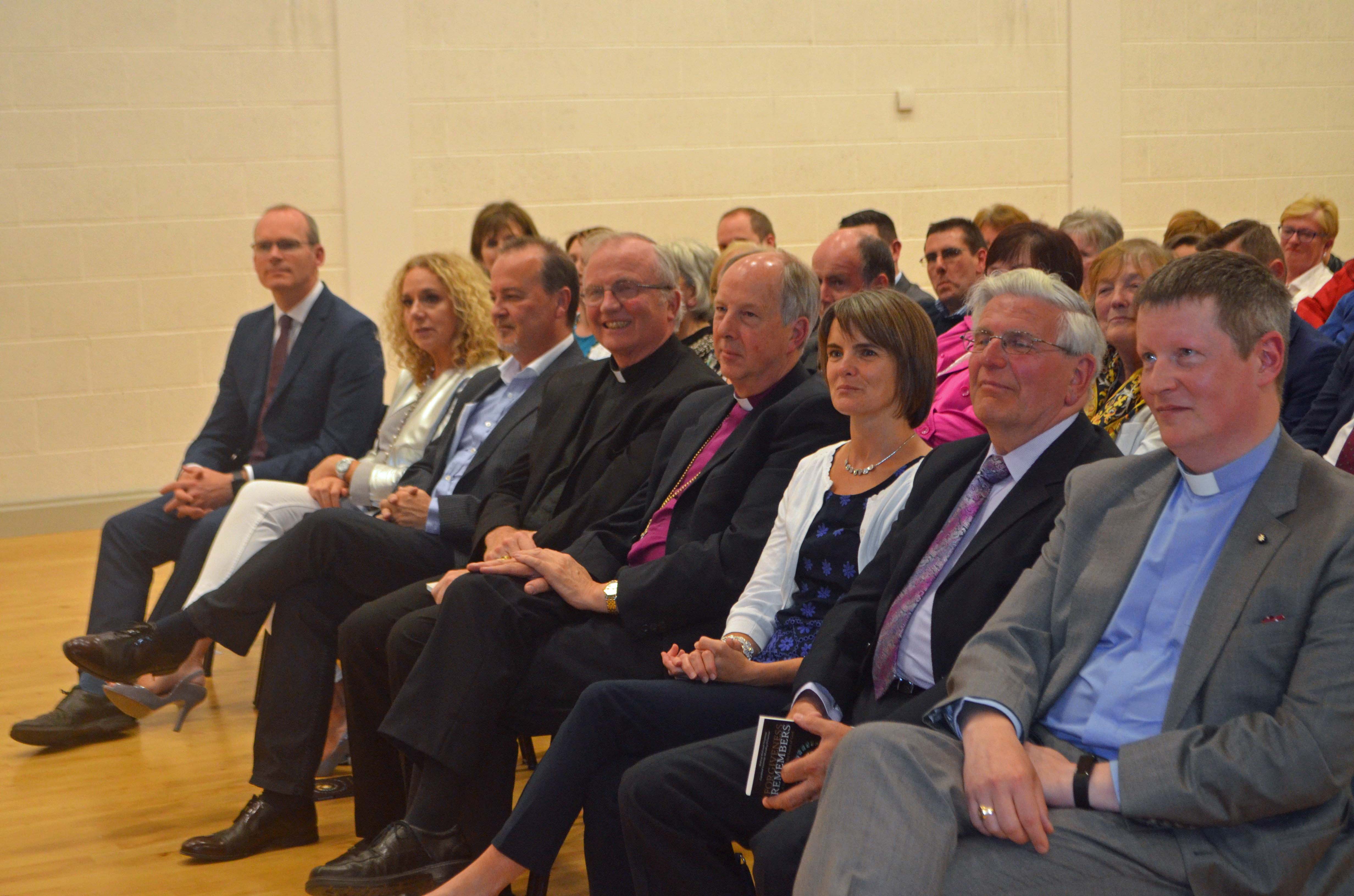 Left to right: Minister Simon Coveney T.D., Mrs Lesley Macaulay, Mr Tony Macaulay, Bishop Donal McKeown, Bishop Ken Good, Mrs Alison Miller, Mr Robert Miller Snr, and Archdeacon Robert Miller at the launch of ‘Forgiveness Remembers'.