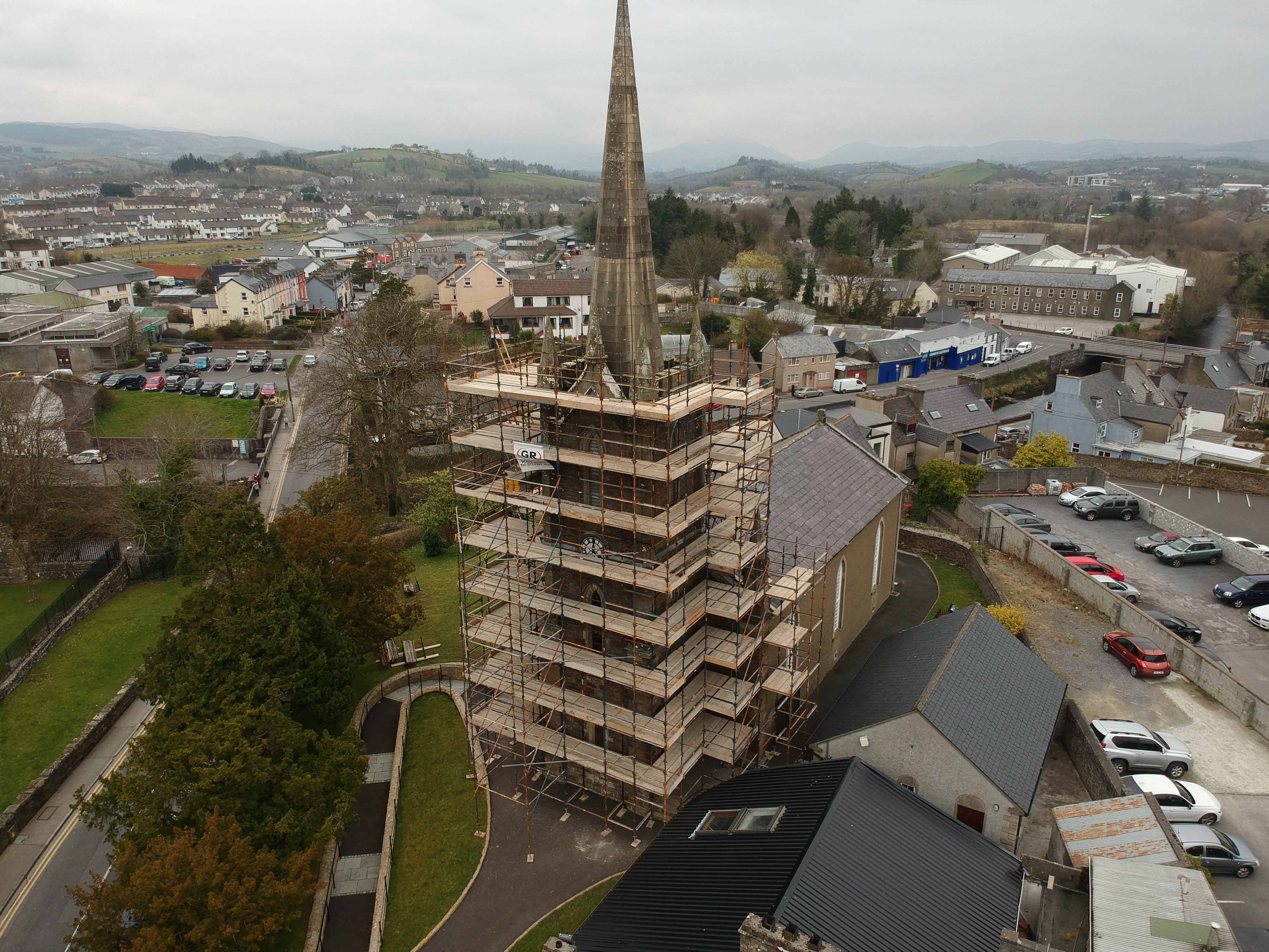Scaffolding erected around the tower of Donegal Parish Church.