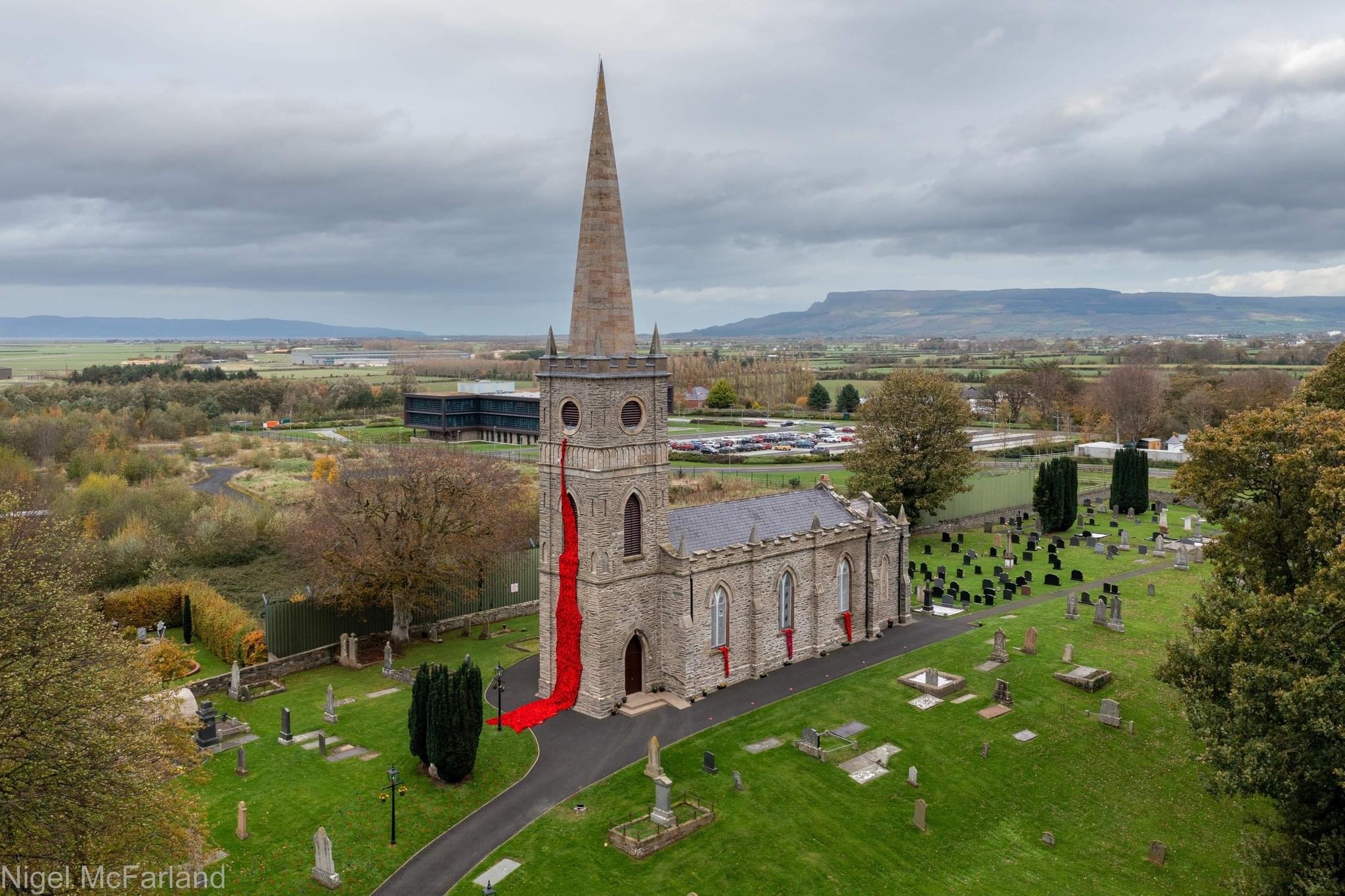 A daytime view of the parish church and the Poppy Net.