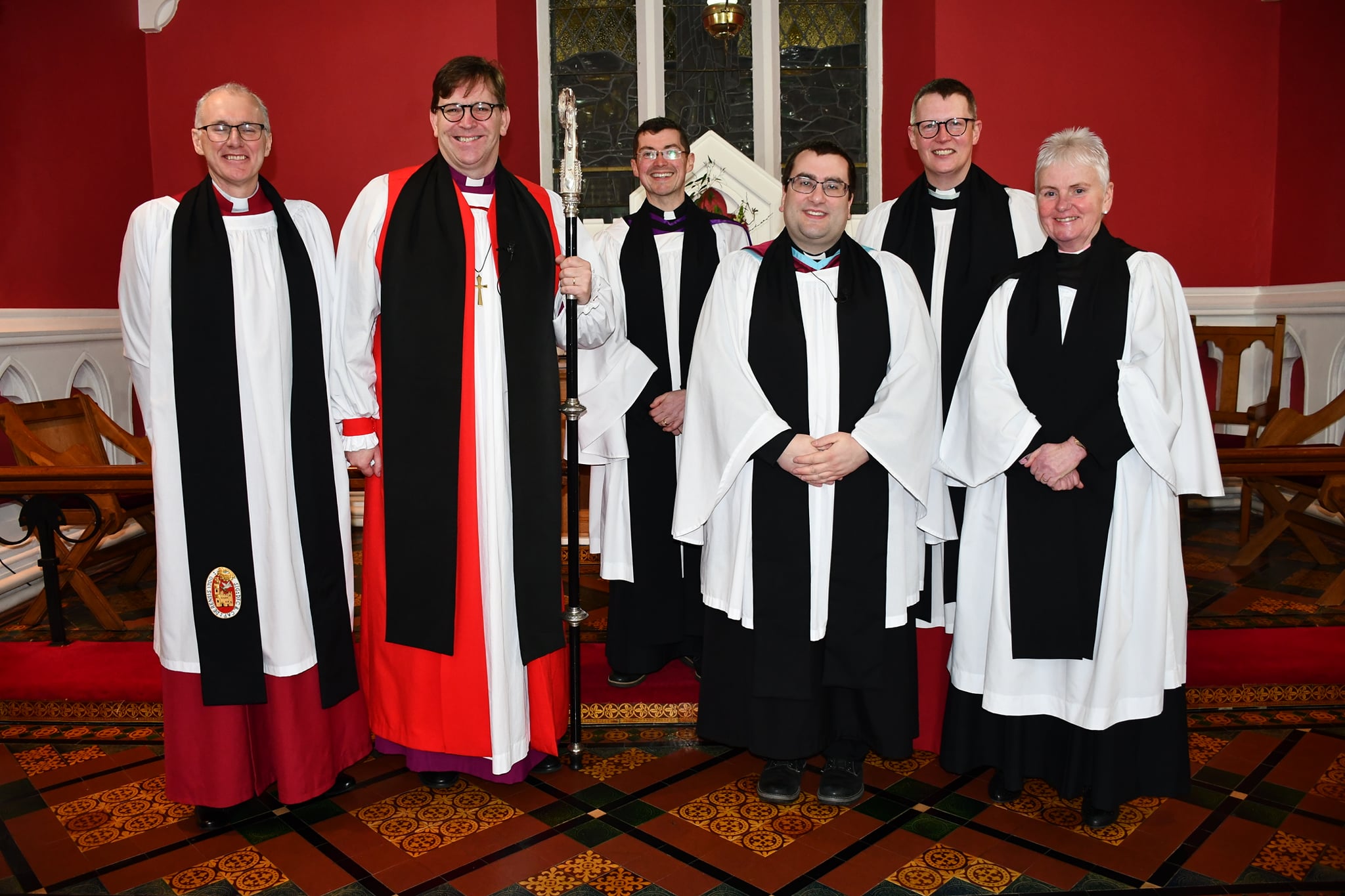 From left: the Rev Canon Colin Welsh (Rural Dean); Bishop Andrew Forster; the Rev Chris Mac Bruithin (Preacher); the Rev Philip Benson (new Incumbent);the Ven Robert Miller (Archdeacon of Derry); and the Rev Carmen Hayes (Bishop's Curate).