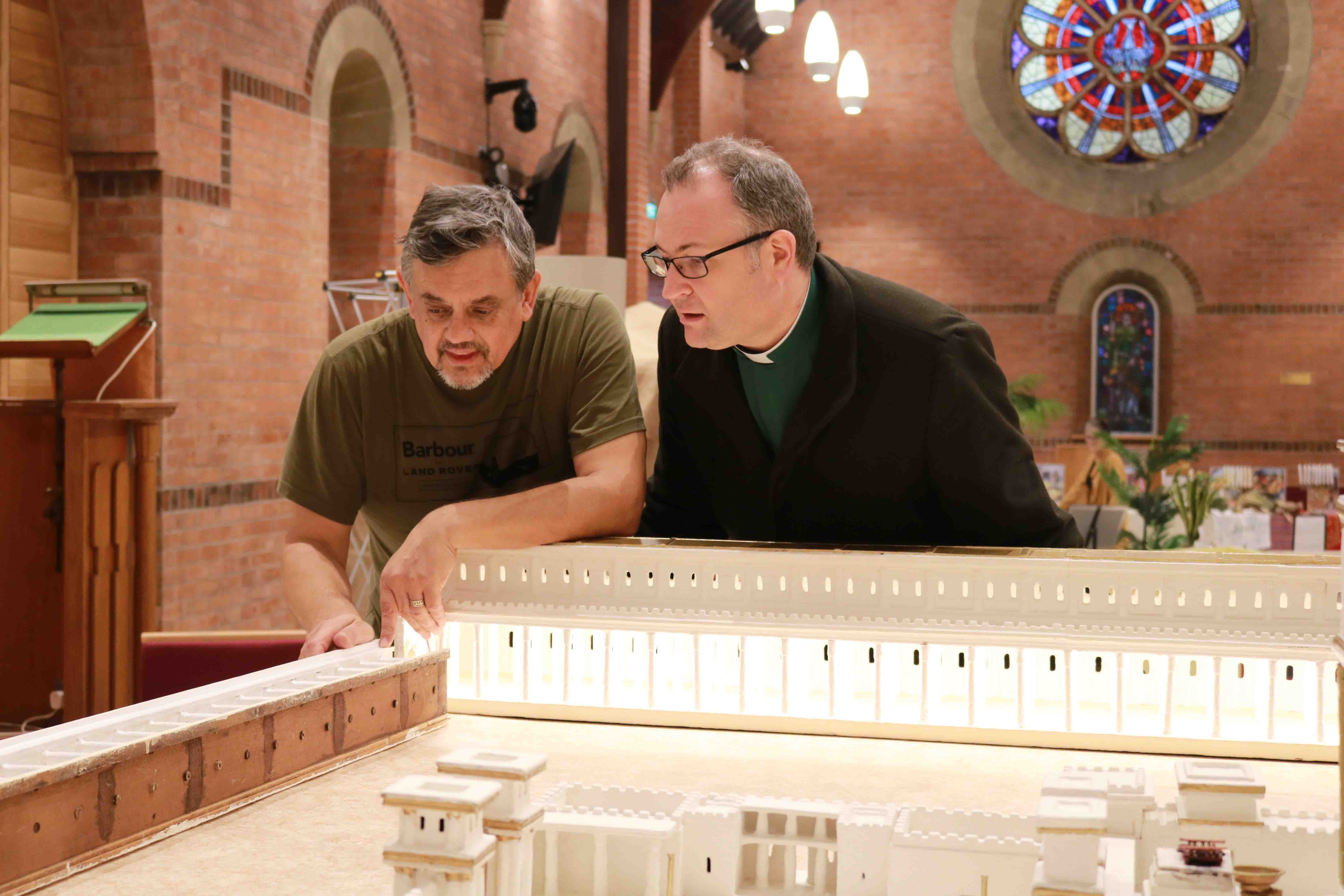 The Rector, Canon Simon Doogan, watches as the Temple model takes shape. Also is pictured Paul Hames from the Church's Ministry Among Jewish People (CMJ UK).