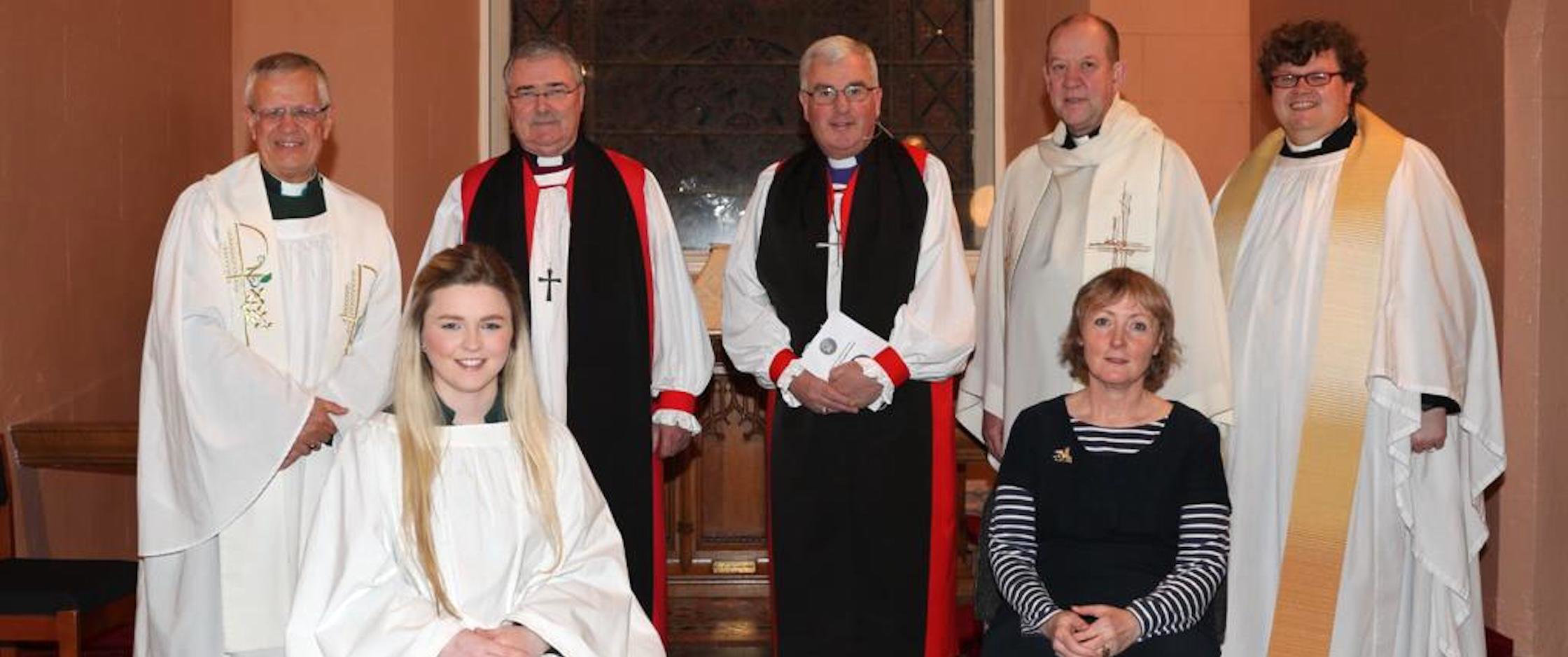 Pictured (left to right, standing) are Dean Henry Hull, Archbishop John McDowell, Bishop David McClay and Fr Ciarán Dallat and (seated from left) Lucy Cullen and Maeve King.