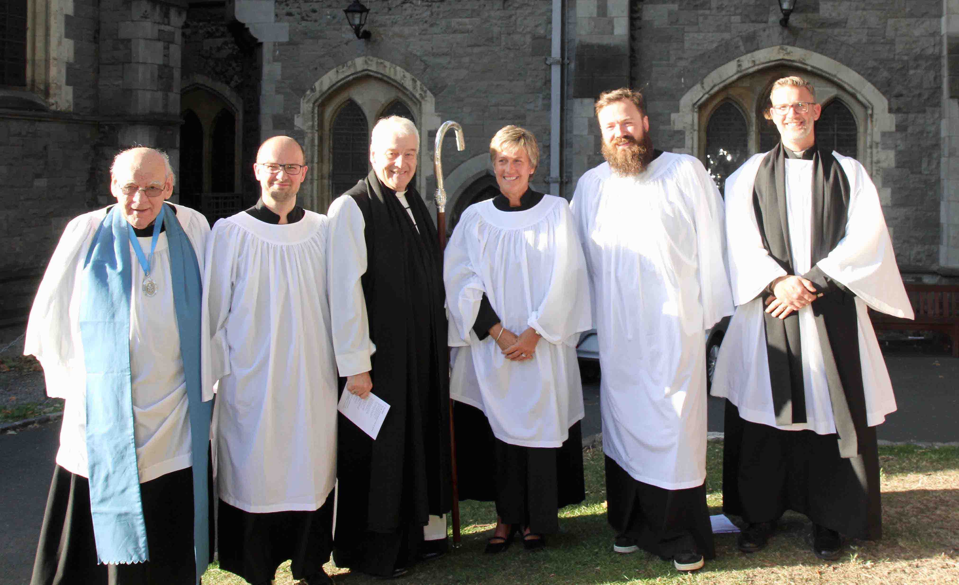 Scott Hill, Ruth Gyves and Scott Evans with Archbishop Michael Jackson, Edward Lewis and the Revd Rob Jones before they were commissioned as Diocesan Readers.