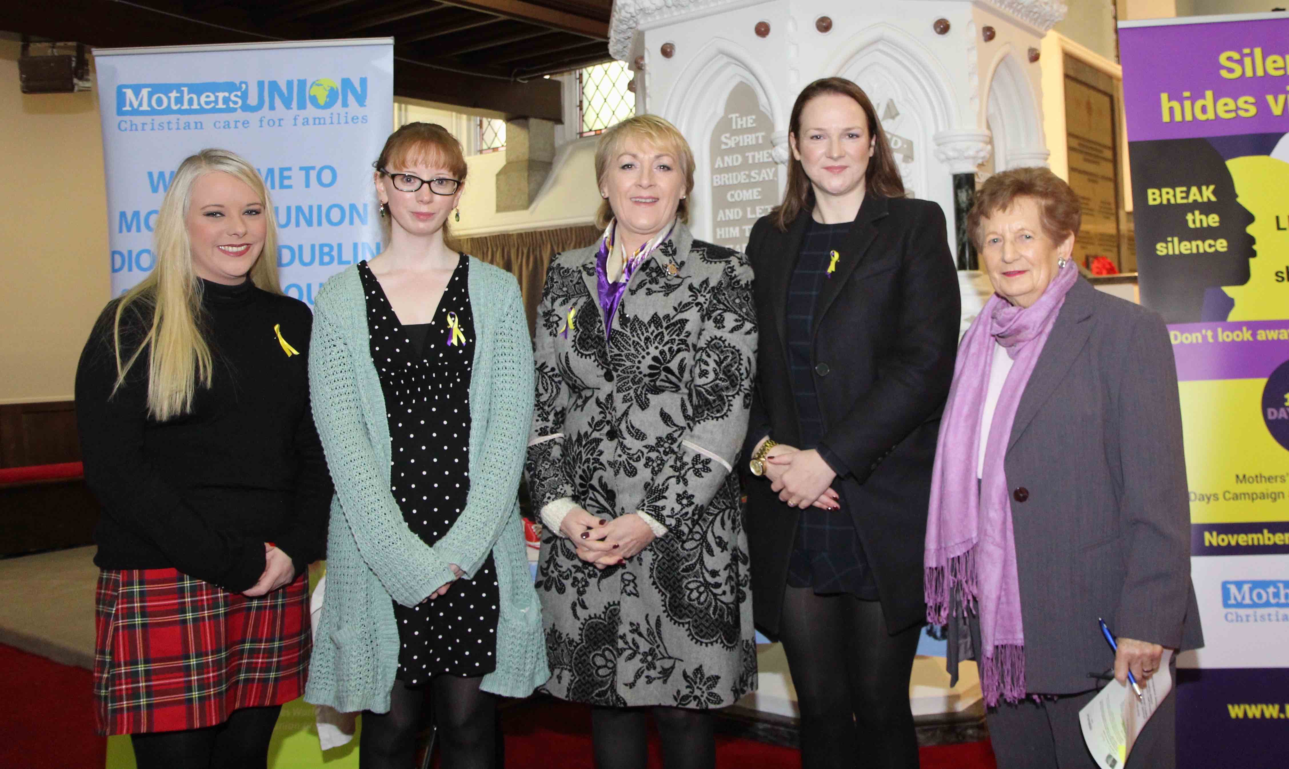 Niamh White of Aoibhneas Women's Refuge, Aoife Palmer of Saoirse Women's Refuge, Karen Nelson (Diocesan President, Mothers' Union), Detective Laura Sweeney of the GNPSB and Avril Gillatt of Mothers' Union at the MU 16 Days' Prayer Vigil.