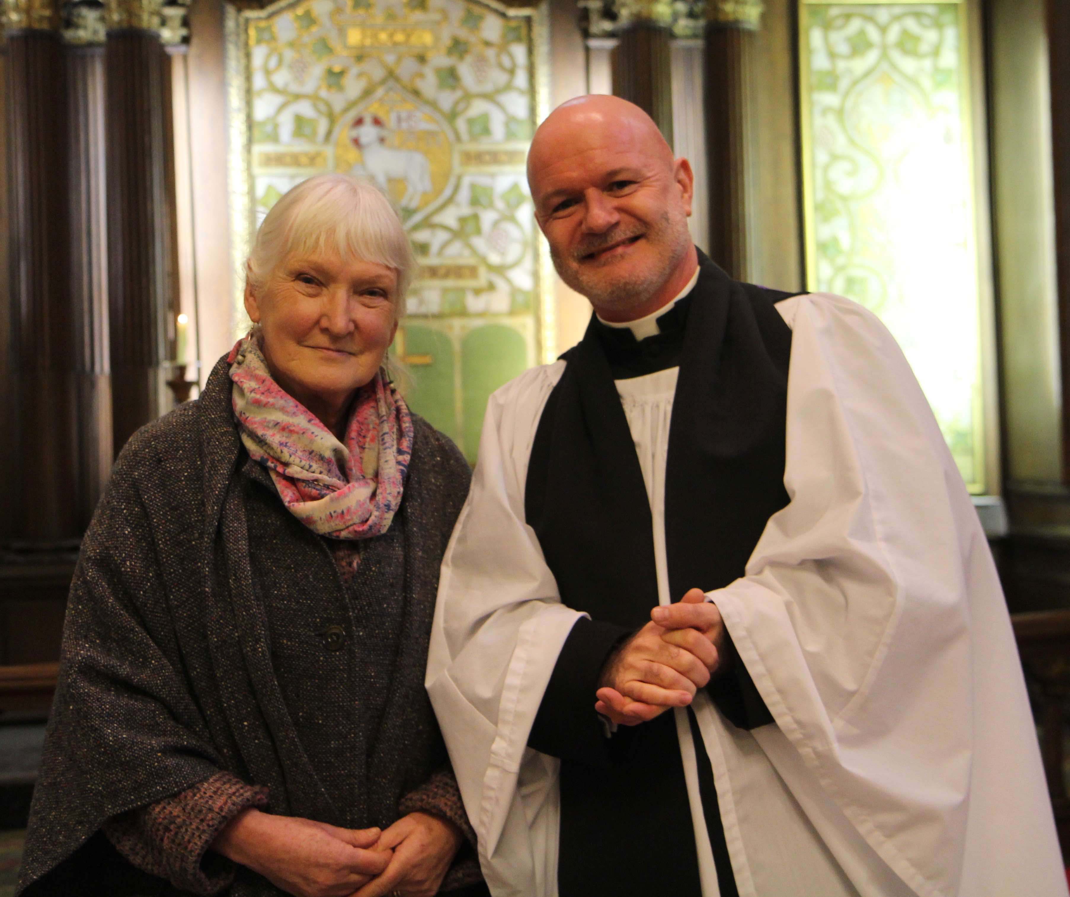 Alice Leahy, founder and director of Alice Leahy Trust, and Canon David Gillespie, Vicar of St Ann's Church, Dublin, following the Black Santa Service.