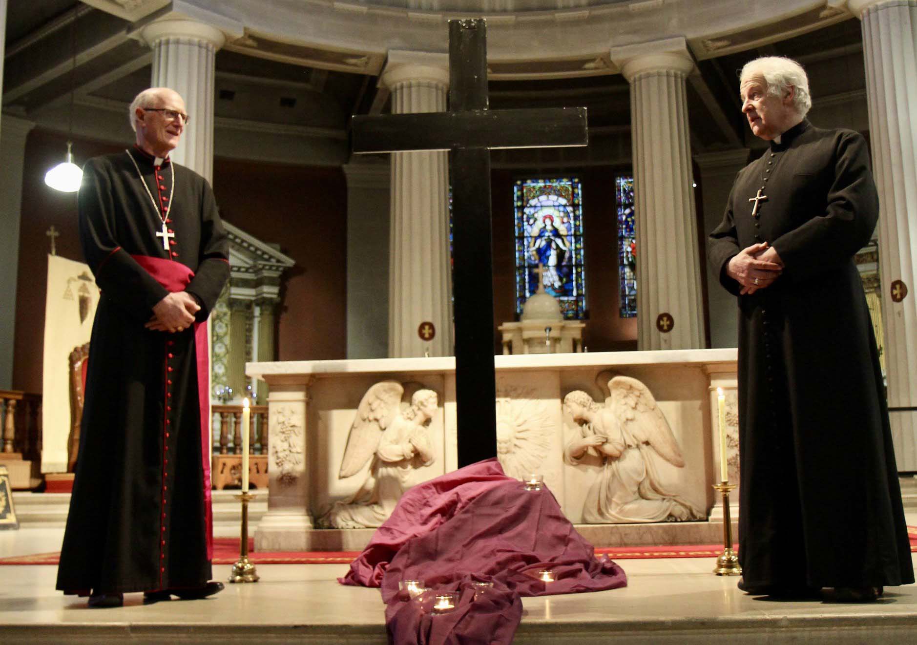 Archbishop Dermot Farrell and Archbishop Michael Jackson in an empty St Mary's Pro–Cathedral on Good Friday last year.
