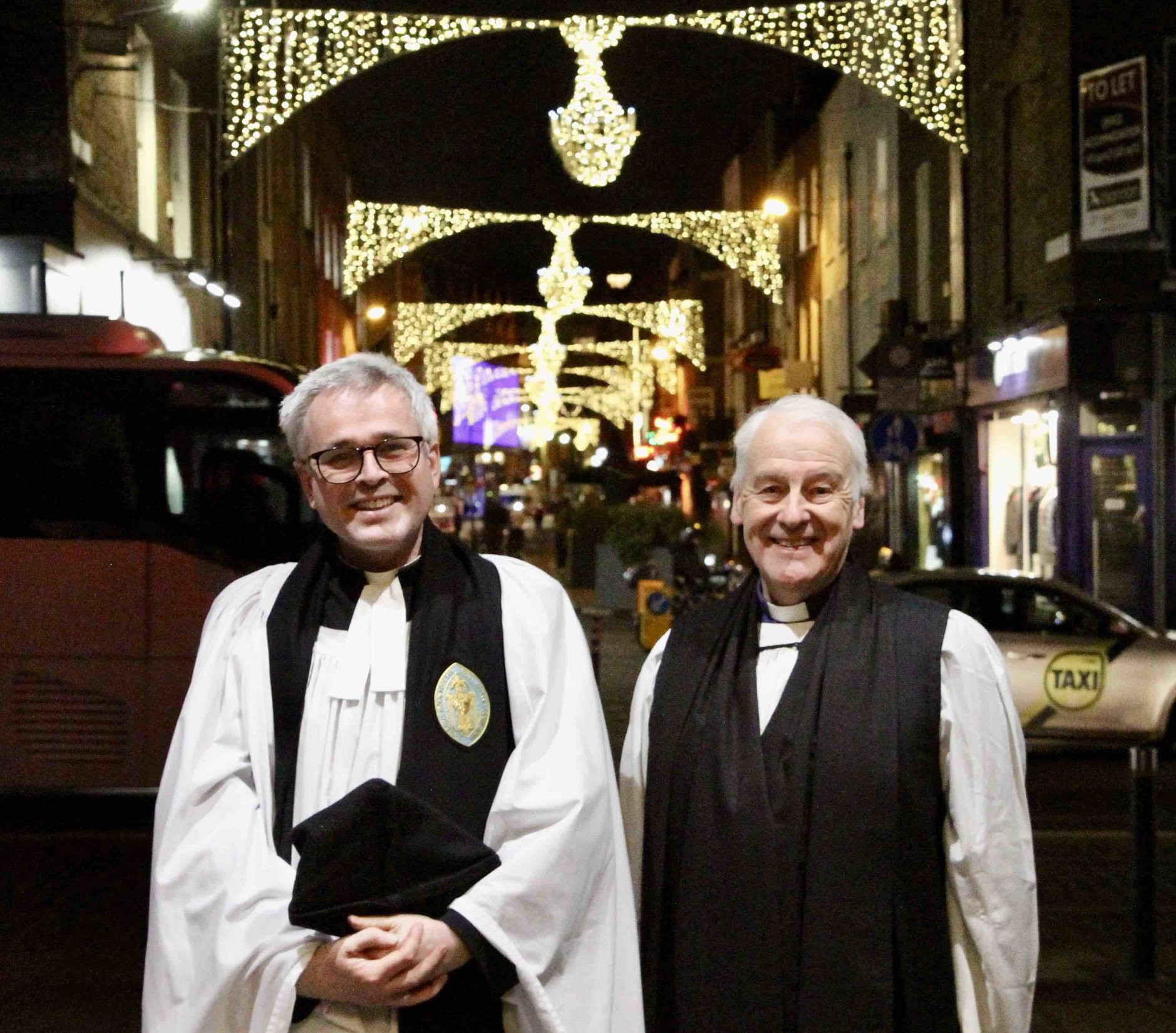 Canon Paul Arbuthnot and Archbishop Michael Jackson following the launch of the Shine a Light for the Diocese of Jerusalem appeal and Vigil for Peace in St Ann's, Dawson Street.