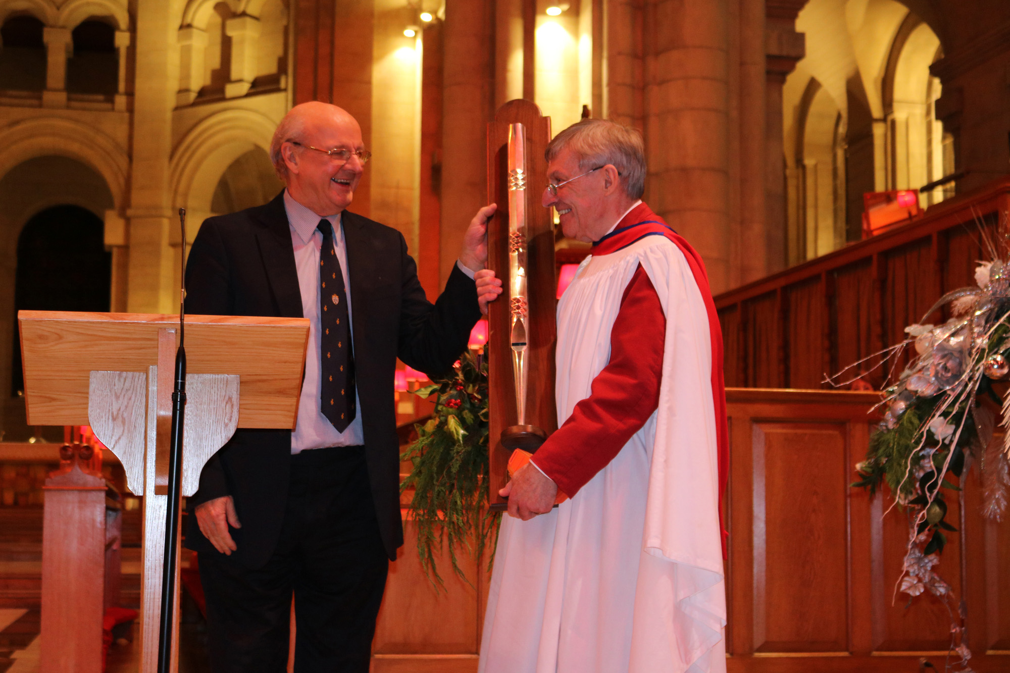 Mr Philip Prosser presented a mounted organ pipe to Mr Ian Barber following the Choral Evensong to mark Ian's departure from St Anne's Cathedral.