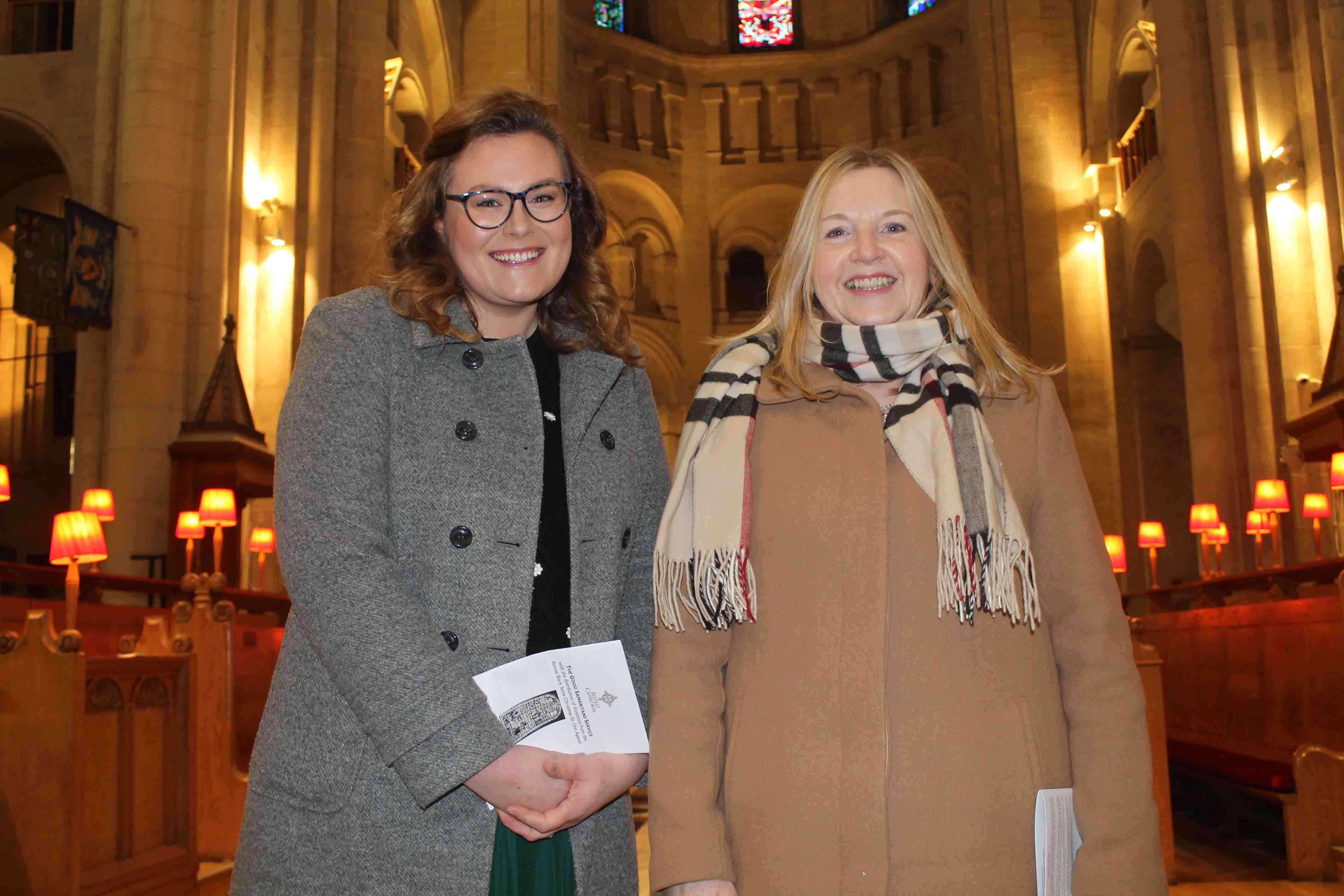 Christian Aid representatives Sara Leeman, left, and Chief Executive Officer Rosamond Bennett were at the Good Samaritans Service in Belfast Cathedral to receive a grant raised by the Black Santa Sit-out 2022.