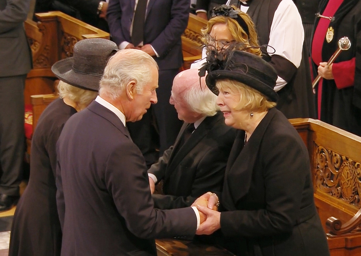 The King and Queen Consort with President and Mrs Higgins at the Service of Reflection for the Life of Queen Elizabeth at Belfast Cathedral, September 2022.