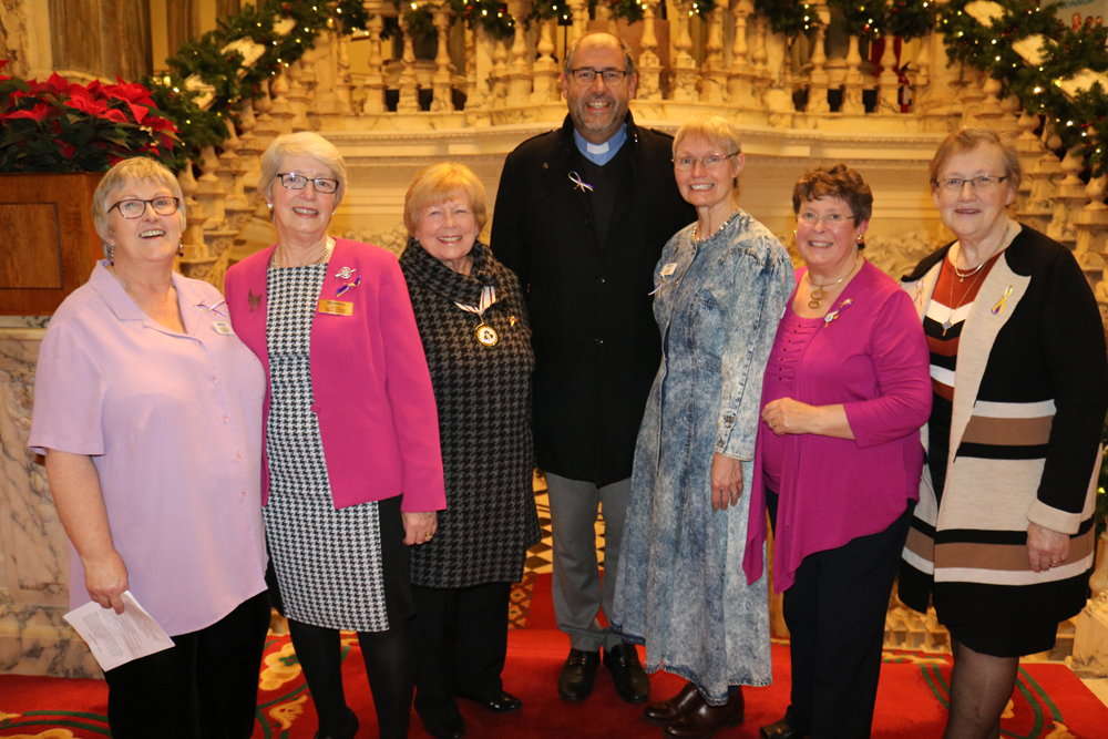 Attending the Reception and Vigil in Belfast City Hall are, from left: Cathy Doig, Connor MU, Valerie Ash, Diocesan President, Michele Marken, Deputy Lieutenant for Belfast, Archdeacon George Davison, speaker Jacqui Armstrong, Joyce Bond, Connor MU, and Phyllis Grothier, All Ireland President.