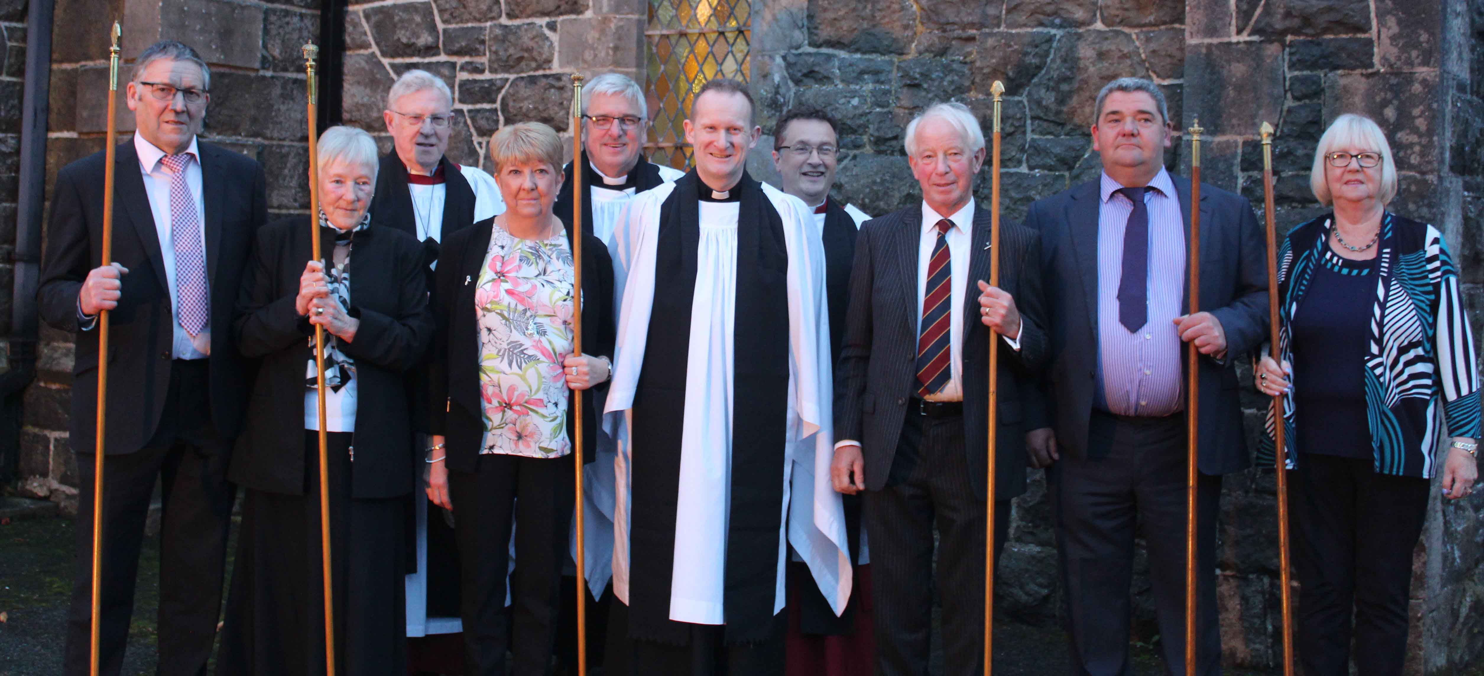 Churchwardens and clergy at the service of introduction of the Rev Adrian Halligan as Curate-in-Charge in Craigs, Dunaghy and Killagan. They are, from left: Jackie Scott, June Davidson, Dean John Bond (preacher), Joyce McLoughlin, the Rev David Ferguson (Rural Dean), the Rev Adrian Halligan, the Ven Paul Dundas (Archdeacon of Dalriada), George Cinnamon, Alistair McCord and Frances Neilly.