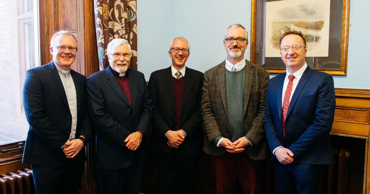 The Revd Barry Forde; Bishop Harold Miller; Prof Julian Rivers; Prof Richard English; and Dr Peter Hamill, Secretary, Church of Ireland Board of Education (NI).