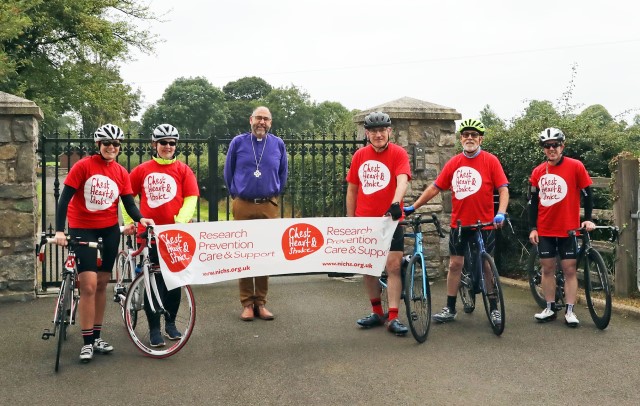 The Bishop of Connor, the Rt Rev George Davison, stepped out to wish the ‘L'Etape du Deanery' cyclists all the best as they passed See House in the early stages of the 83 mile loop, raising funds for Northern Ireland Chest, Heart and Stroke.