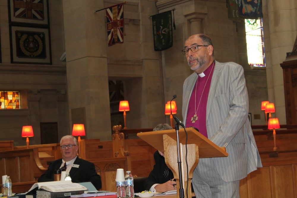 Bishop George Davison delivers his presidential address at Connor Diocesan Synod.
