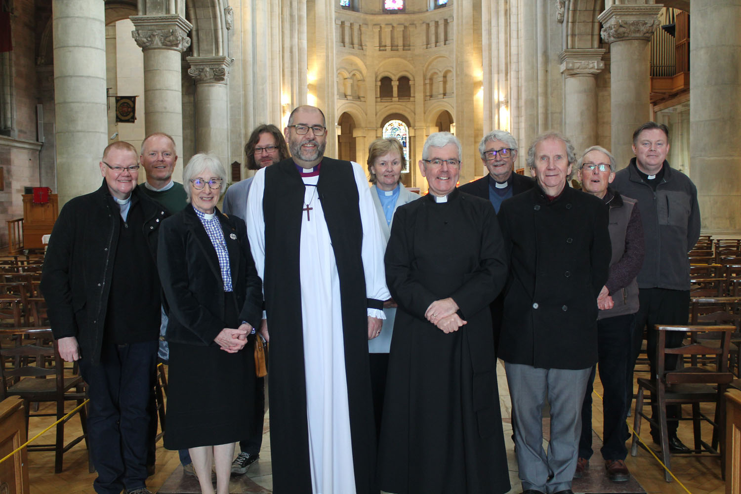 Bishop George Davison and Dean Stephen Forde with some of Connor clergy who attended the Service of Renewal of Ordination Vows in Belfast Cathedral on Maundy Thursday, April 14.