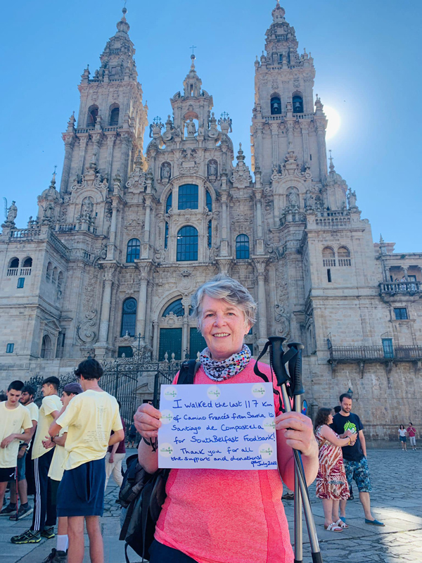 Dr Rosemary Black in Santiago at the end of her Camino walk.