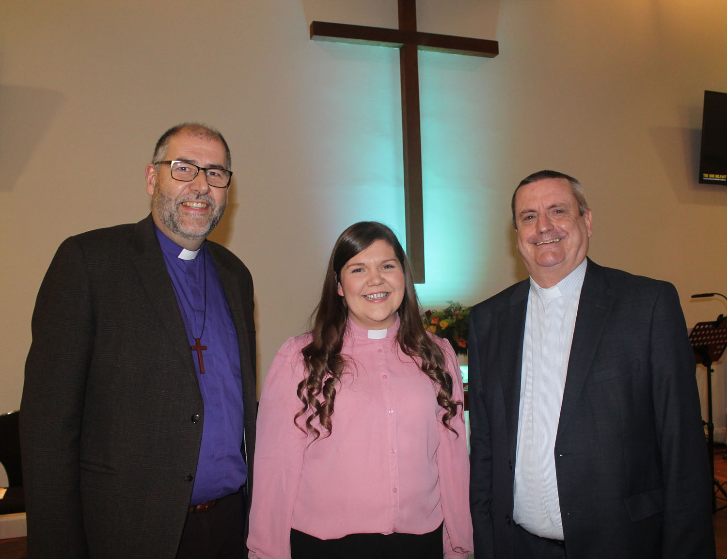 The Rev Danielle McCullagh at the Service of Introduction with the Bishop of Connor, the Rt Rev George Davison, left, and the Rev Philip Agnew, North Eastern District Superintendent, Methodist Church.