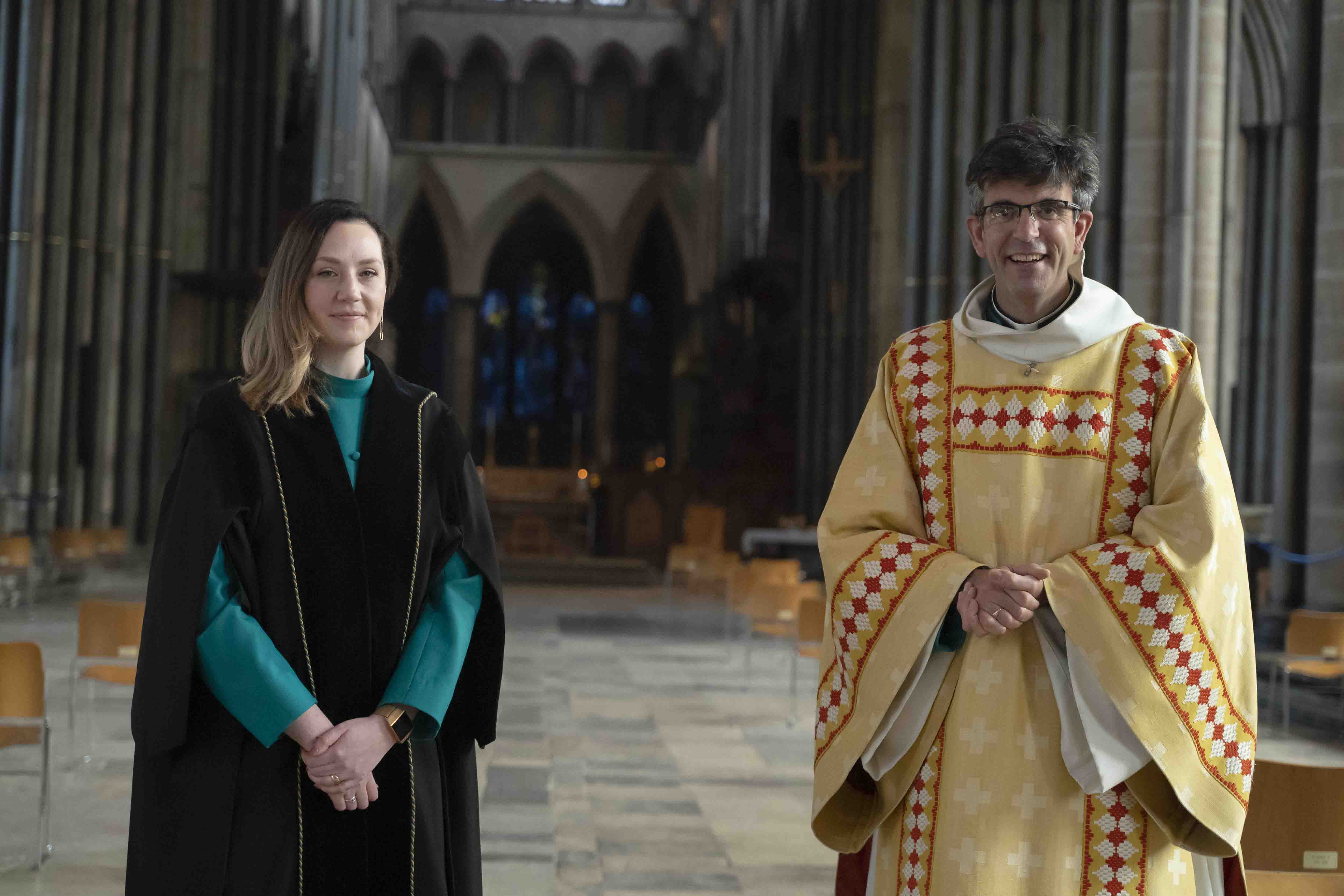 Head Verger Esther Lycett with the Dean of Salisbury, The Very Revd Nicholas Papadopulos. Photo credit: Ash Mills.