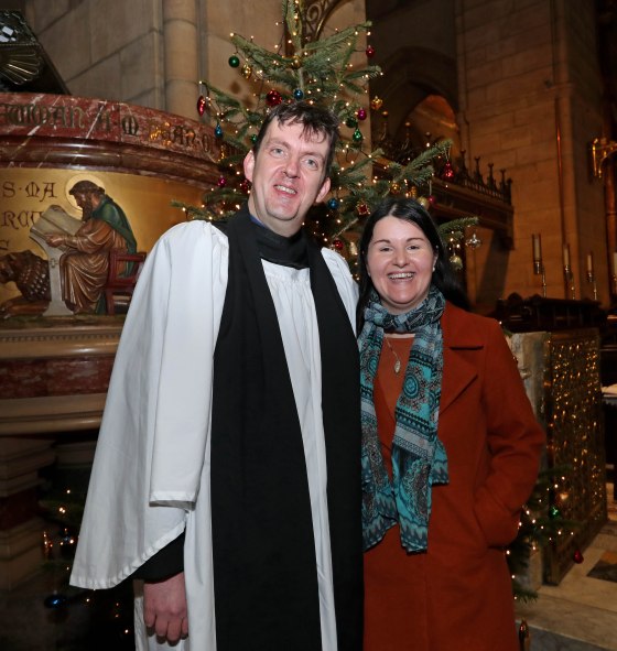 Pictured is the Reverend Robert Ferris with his wife Noelle, following his Institution as Incumbent by The Bishop of Cork, Cloyne and Ross The Right Reverend Paul Colton, in the Cathedral Church of Saint Fin Barre, Cork. Picture: Jim Coughlan.