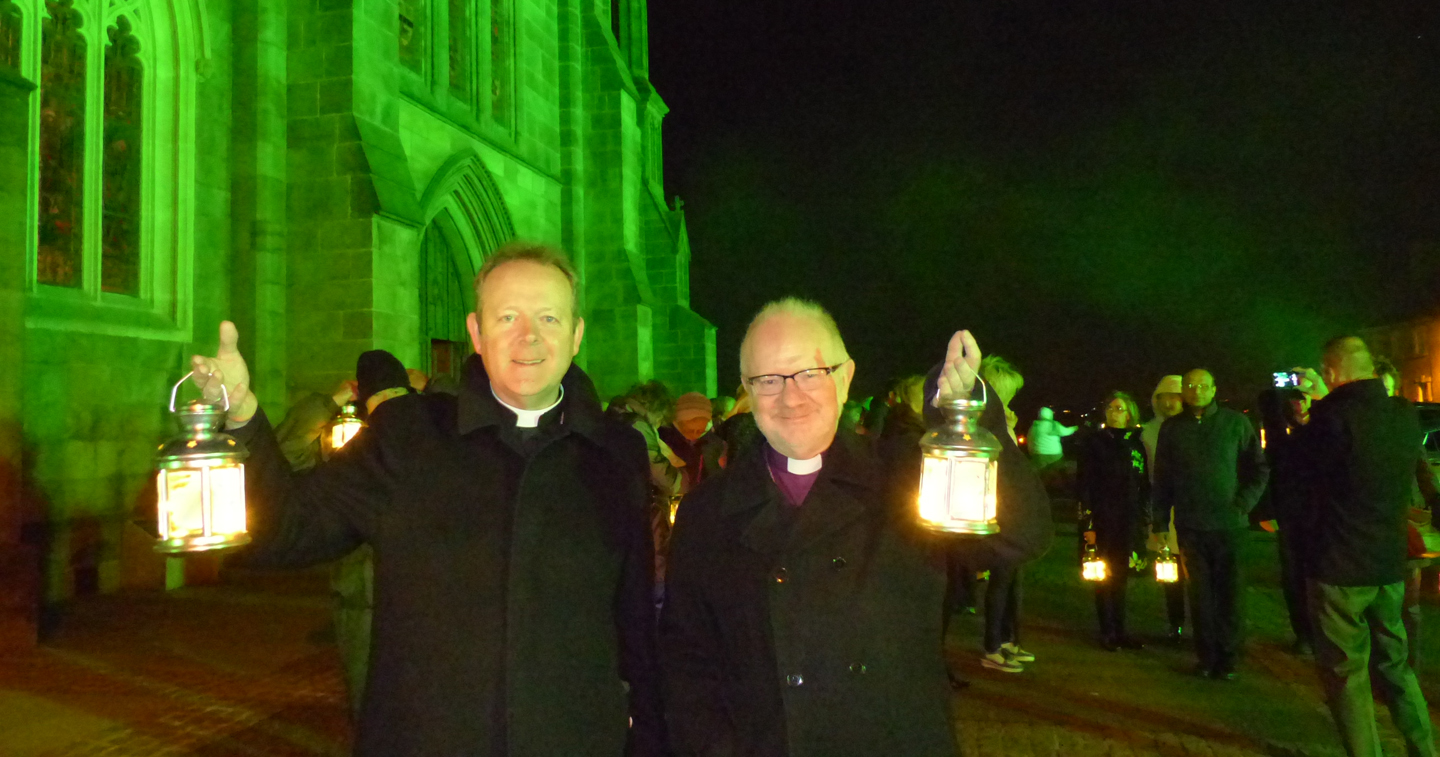 The Archbishops of Armagh are pictured at St Patrick's Church of Ireland Cathedral (above) and St Patrick's Roman Catholic Cathedral (below), the beginning and end points respectively of the St Patrick's Eve Vigil walk in Armagh.
