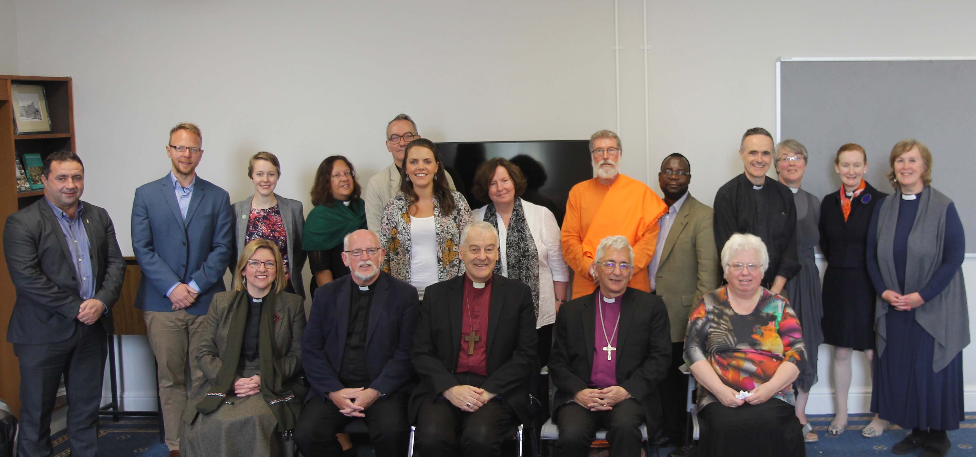 Some of the participants in the inaugural meeting of NIFENAC in Dublin: Back row:  Adrian Cristae (Dublin City Interfaith Forum); Dr Peter Admirand (Centre for Interreligious Dialogue, DCU); Kat Brealey (Church of England); Revd Tricia Hillas (Church of England); Revd Richard Sudworth (Church of England); Katie Hodkinson (Lambeth Palace); Dr Ethna Reagan (School of Theology, Philosophy and Music, DCU); Swami Purnananda Puri (Dublin City Interfaith Forum); Revd Dr John Kafwanka (Anglican Communion Office); Revd Dr Ainsley Griffiths (Church in Wales); Revd Prof Anne Lodge (Church of Ireland Centre, DCU); Revd Flora Winfield (Church of England); Revd Bonnie Hills-Evans (Church of England).  Front row: Revd Susanne Cousins (Church of Ireland); Revd Aled Edwards (Church in Wales); Archbishop Michael Jackson (Church of Ireland); Bishop Michael Ipgrave (Church of England); Clare Amos (Diocese of Europe).