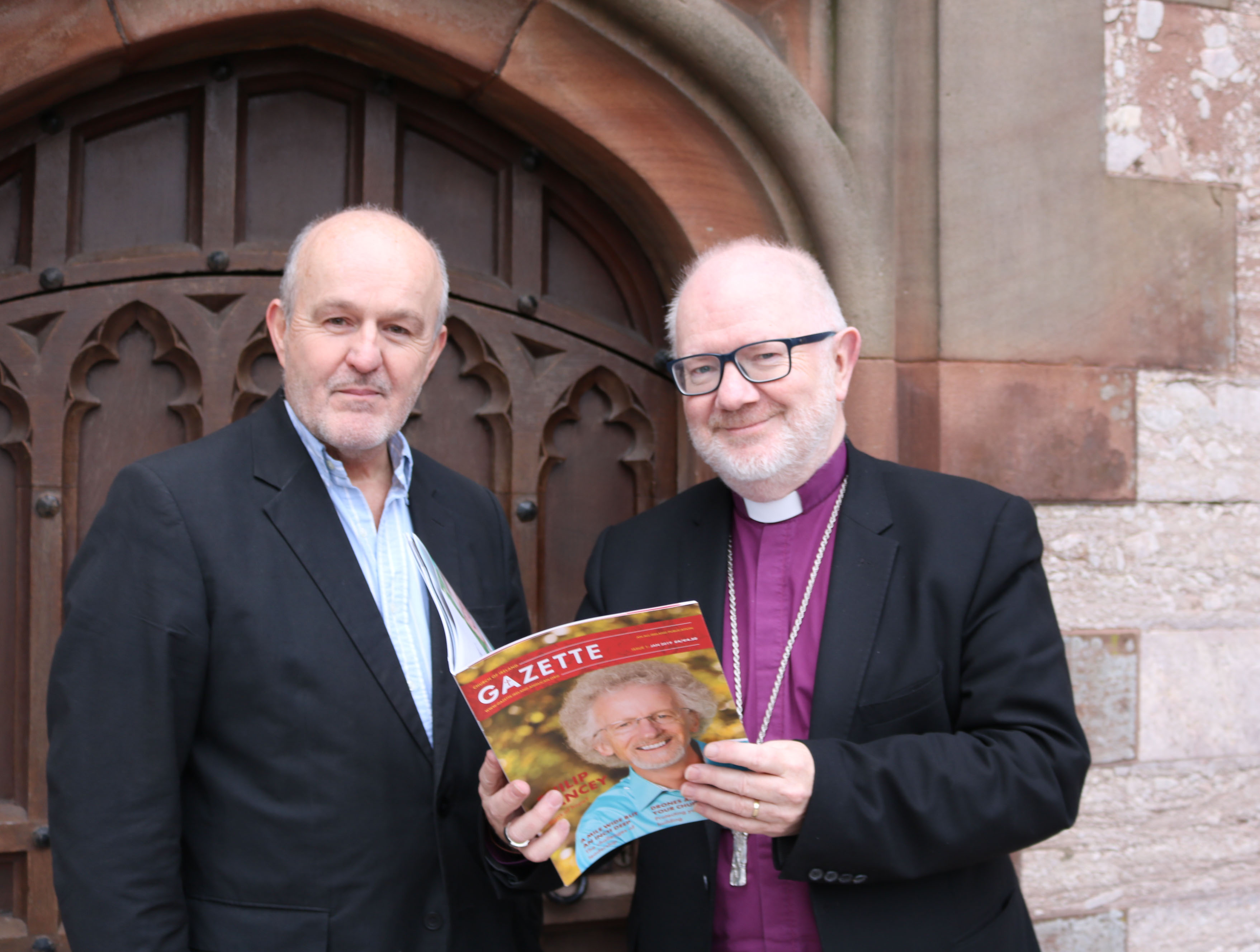 The Revd Earl Storey, editor of the Church of Ireland Gazette, and the Archbishop of Armagh, the Most Revd Dr Richard Clarke, launching the new monthly format for the Gazette at St Patrick's Cathedral, Armagh.