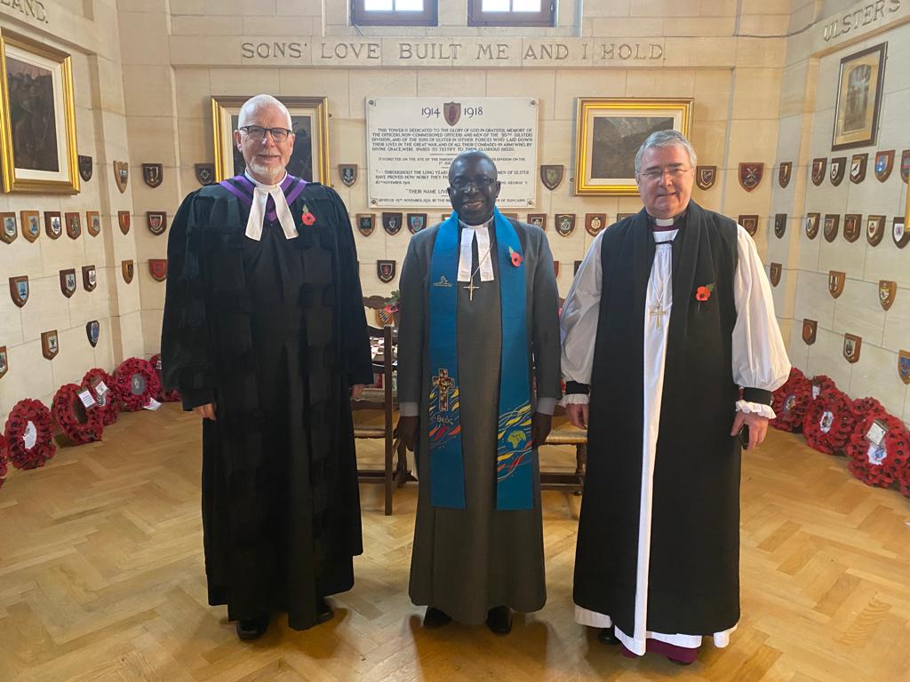 From left: the Rt Revd Dr David Bruce, Moderator of the General Assembly of the Presbyterian Church in Ireland; the Revd Dr Sahr Yambasu, President of the Methodist Church in Ireland; and the Rt Revd John McDowell, Archbishop of Armagh and Primate of All Ireland, at the Ulster Memorial Tower, Thiepval.
