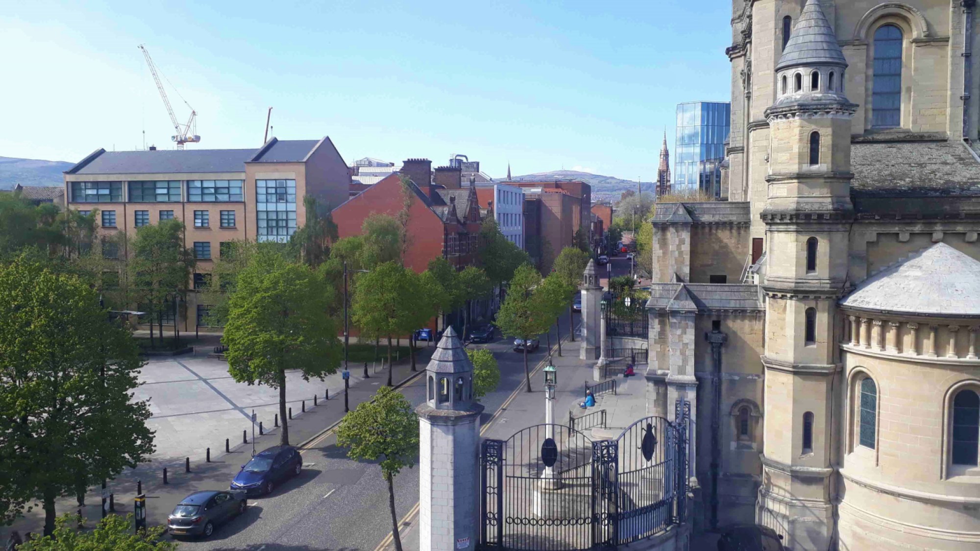 A view of Donegall Street and Writers' Square with Belfast Cathedral at right.
