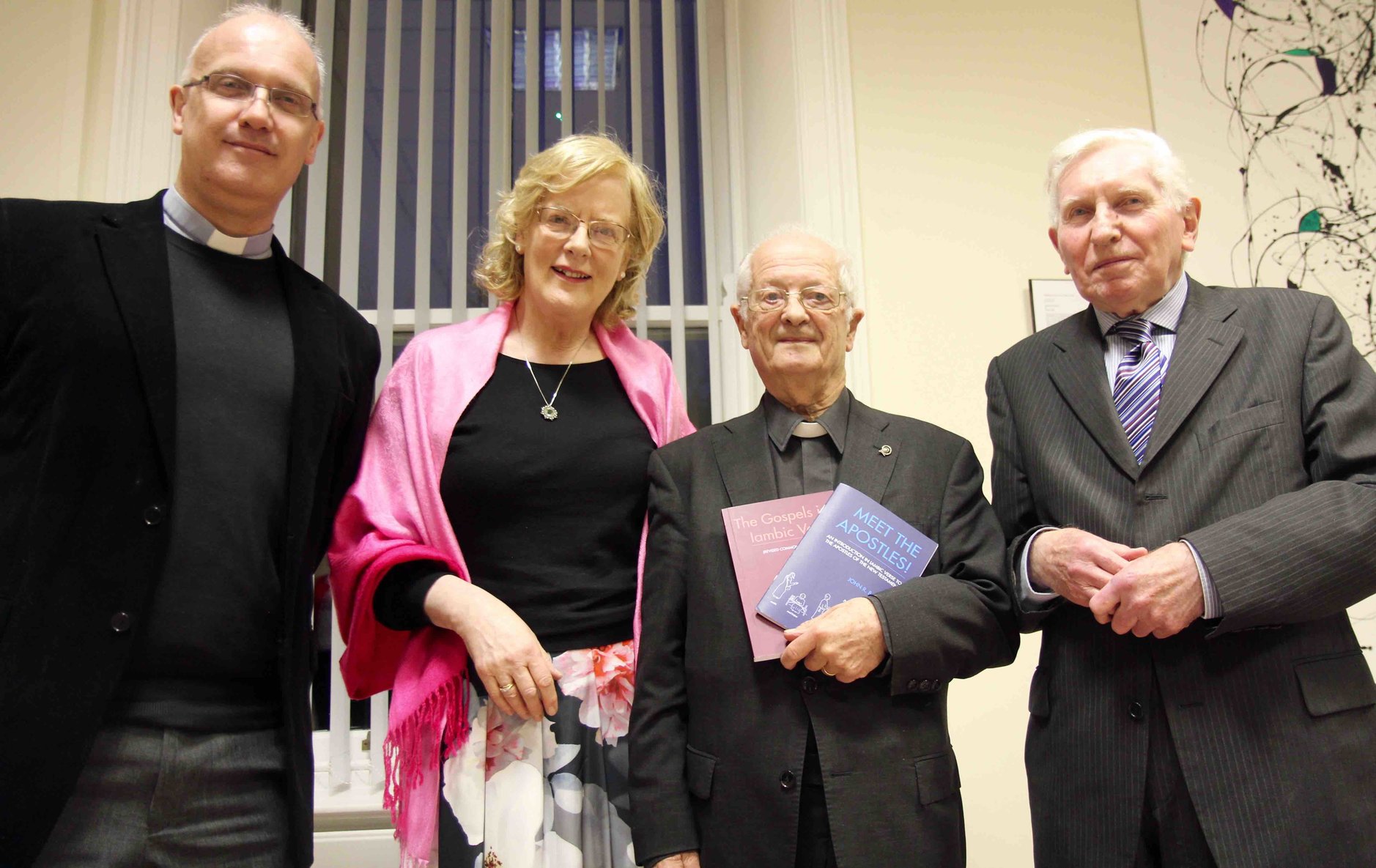Canon Dr Maurice Elliott, Dr Margaret Daly–Denton, Canon Prof John Bartlett and Dr Kenneth Milne pictured at the launch of Canon Bartlett's books,  ‘Meet the Apostles' and ‘The Gospels in Iambic Verse', at the Church of Ireland Theological Institute in February 2020.