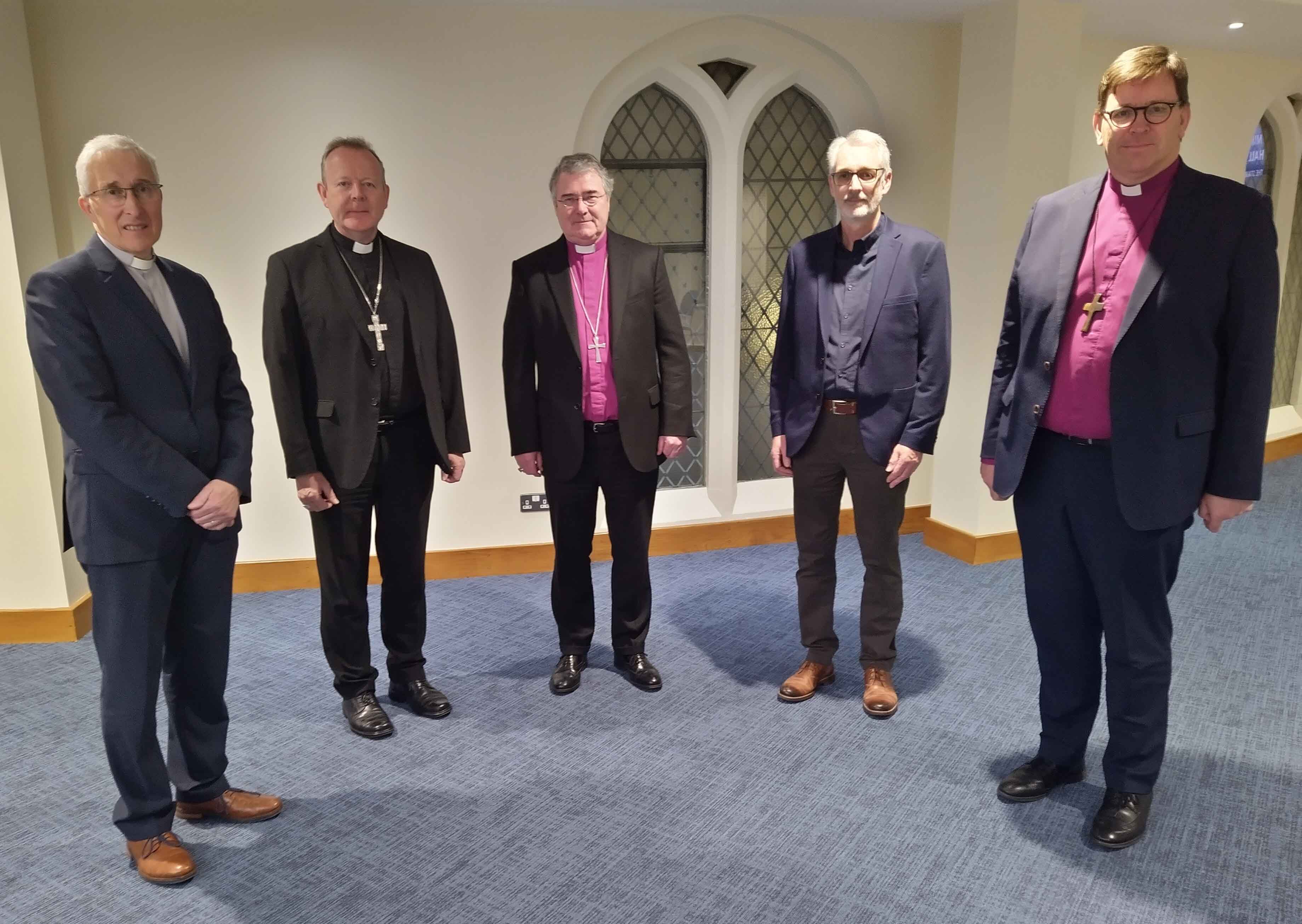From left: the Rt Revd Dr John Kirkpatrick, Moderator of the General Assembly of the Presbyterian Church in Ireland; Archbishop Eamon Martin, Roman Catholic Archbishop of Armagh and Primate of All Ireland; Archbishop John McDowell, Church of Ireland Archbishop of Armagh and Primate of All Ireland; the Reverend David Nixon, President of the Methodist Church in Ireland; and the Rt Revd Andrew Forster, President of the Irish Council of Churches.