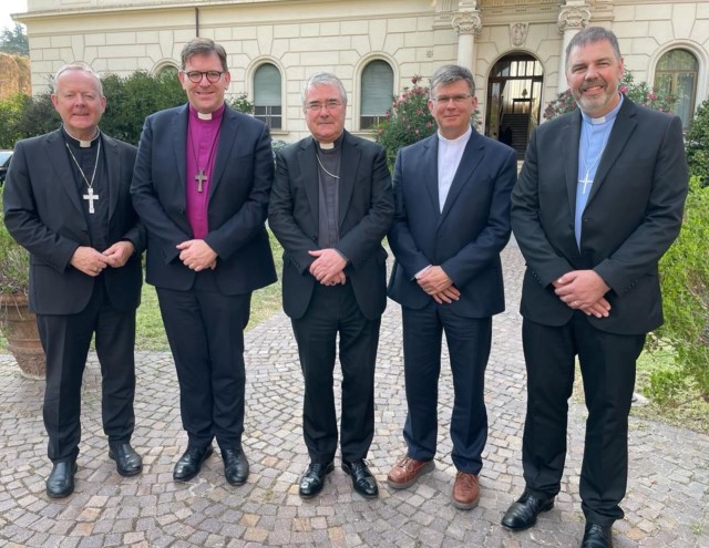 From left: Archbishop Eamon Martin; Bishop Andrew Forster (President of the Irish Council of Churches); Archbishop John McDowell; the Rt Revd Dr Sam Mawhinney (Moderator of the General Assembly of the Presbyterian Church in Ireland); and the Revd David Turtle (President of the Methodist Church in Ireland).