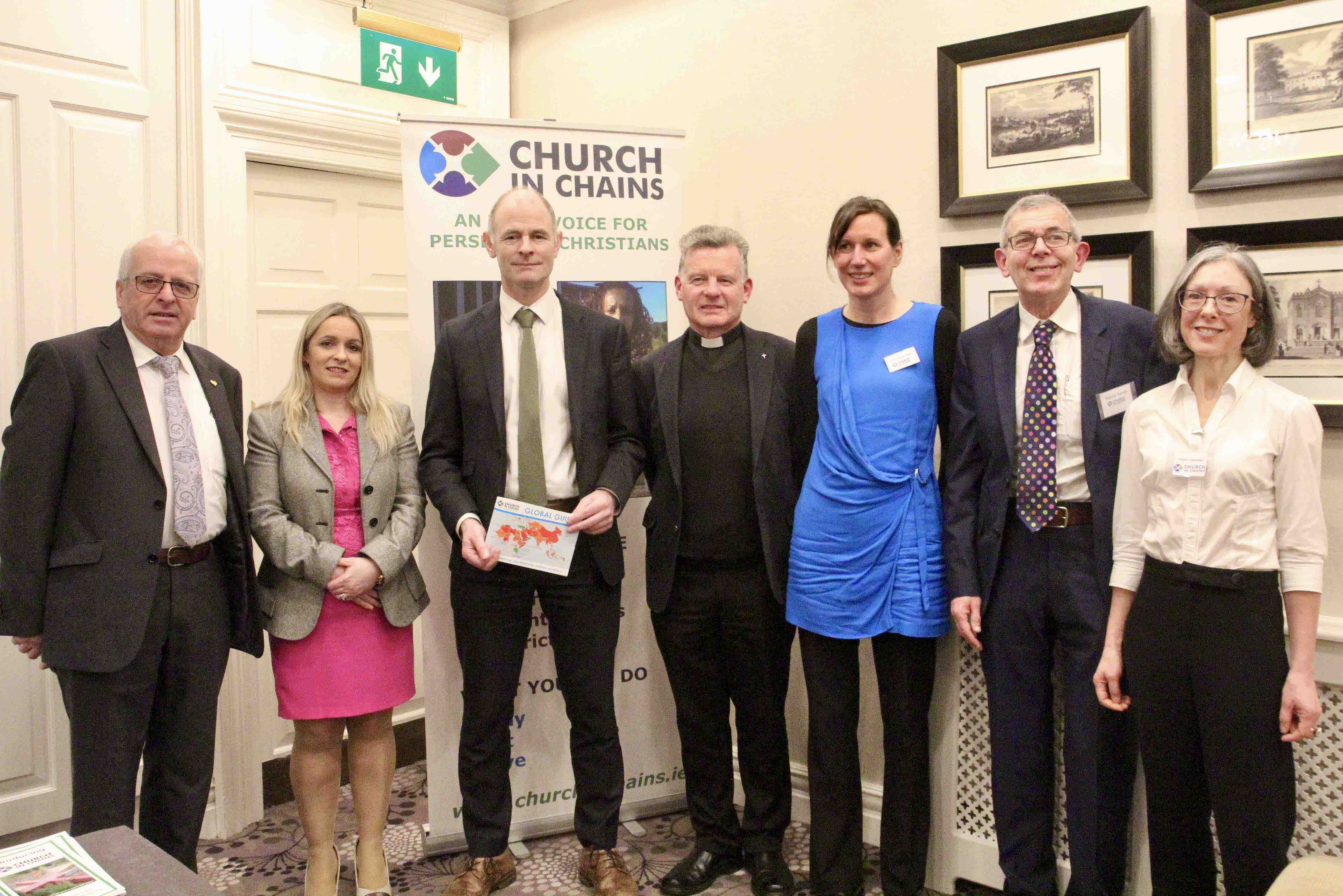 Deputy Mattie McGrath, Deputy Carol Nolan, Minister Ossian Smyth, the Revd Trevor Sargent and Church in Chains staff Susanne Chipperfield, David Turner and Virginia Chipperfield at the launch of the Global Guide.