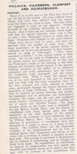 Report on the Burning of Ahascragh Church, Church of Ireland Gazette, 28 July 1922